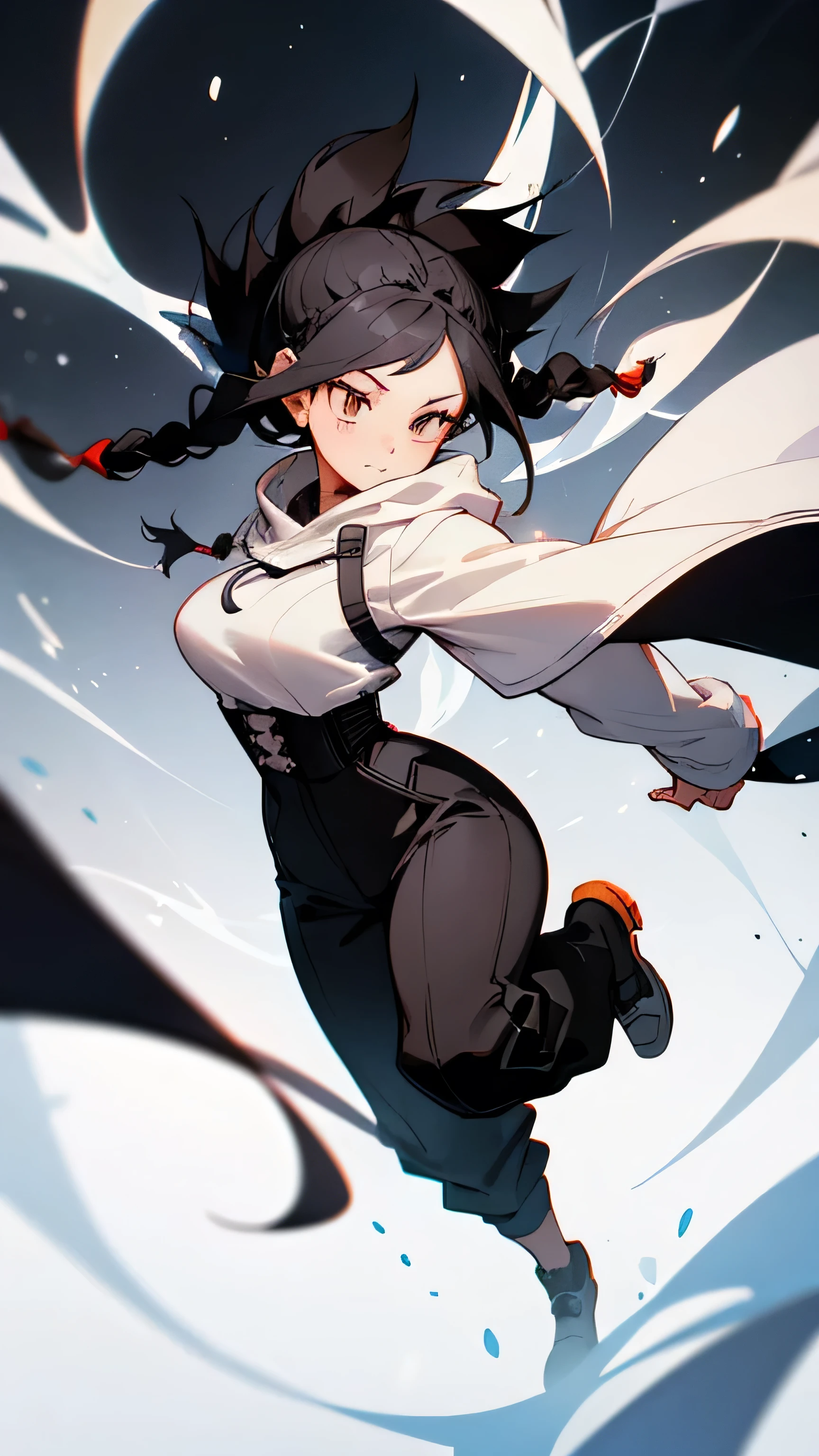 A girl with white front hair and black hair which the back hair is braided into two braids, has a brown eye and white eye, wearing a white hoodie with a black corset on top and black pants that is drawn in the my hero academia art style add some particles around her and show her full body