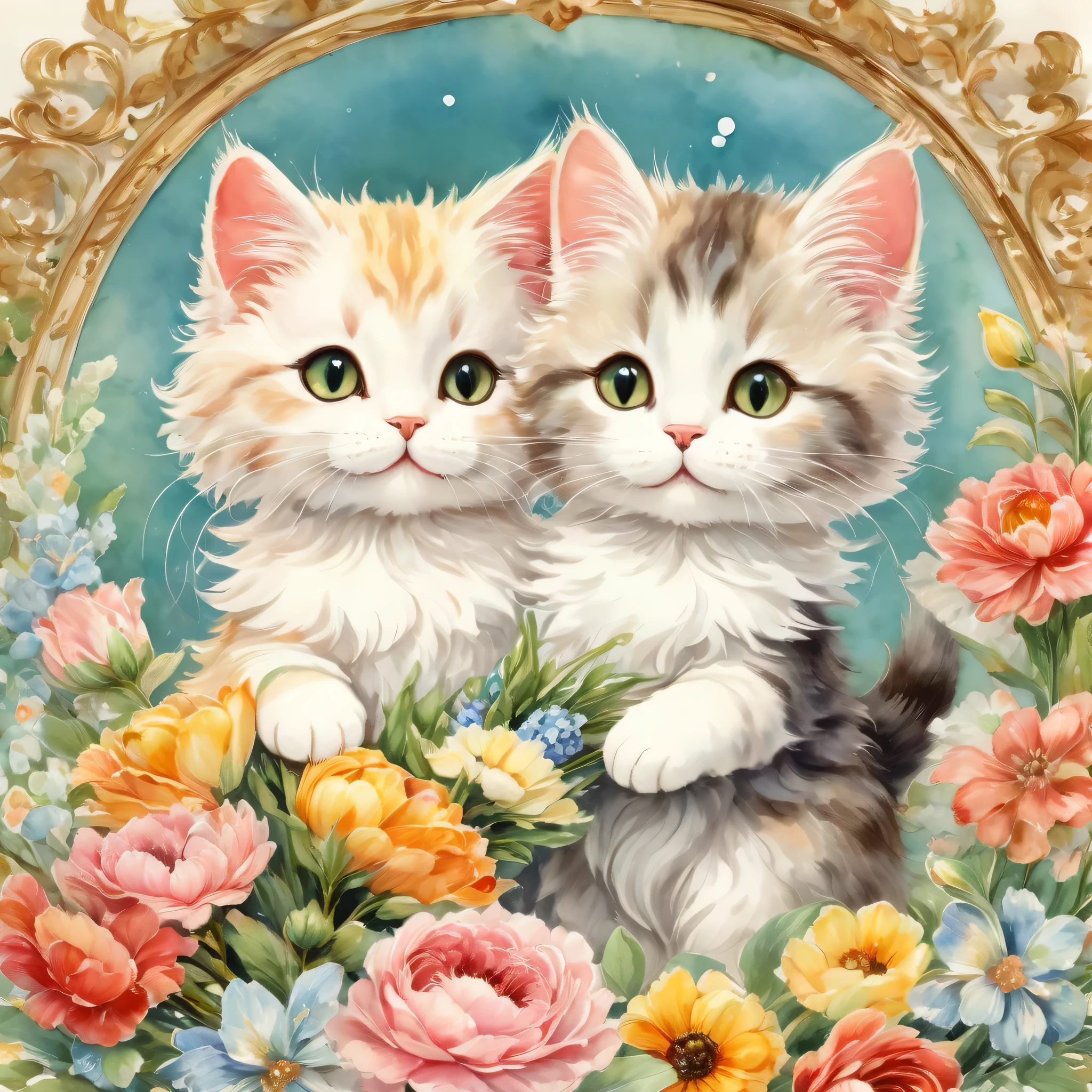 ((A couple of cats holding a bouquet)),masterpiece,highest quality,Fluffy cat,Little,cute,Adorable,fun,happiness,,Flower Hair Ornaments,Stylish scenery,Anatomically correct,all the best,,Little cat,The cutest cat,Fantasy,Randolph Caldecott Style,Awareness-raising,Watercolor,Decorative frame,Fancy,Sparkling,Wide range of colors,Gentle colors