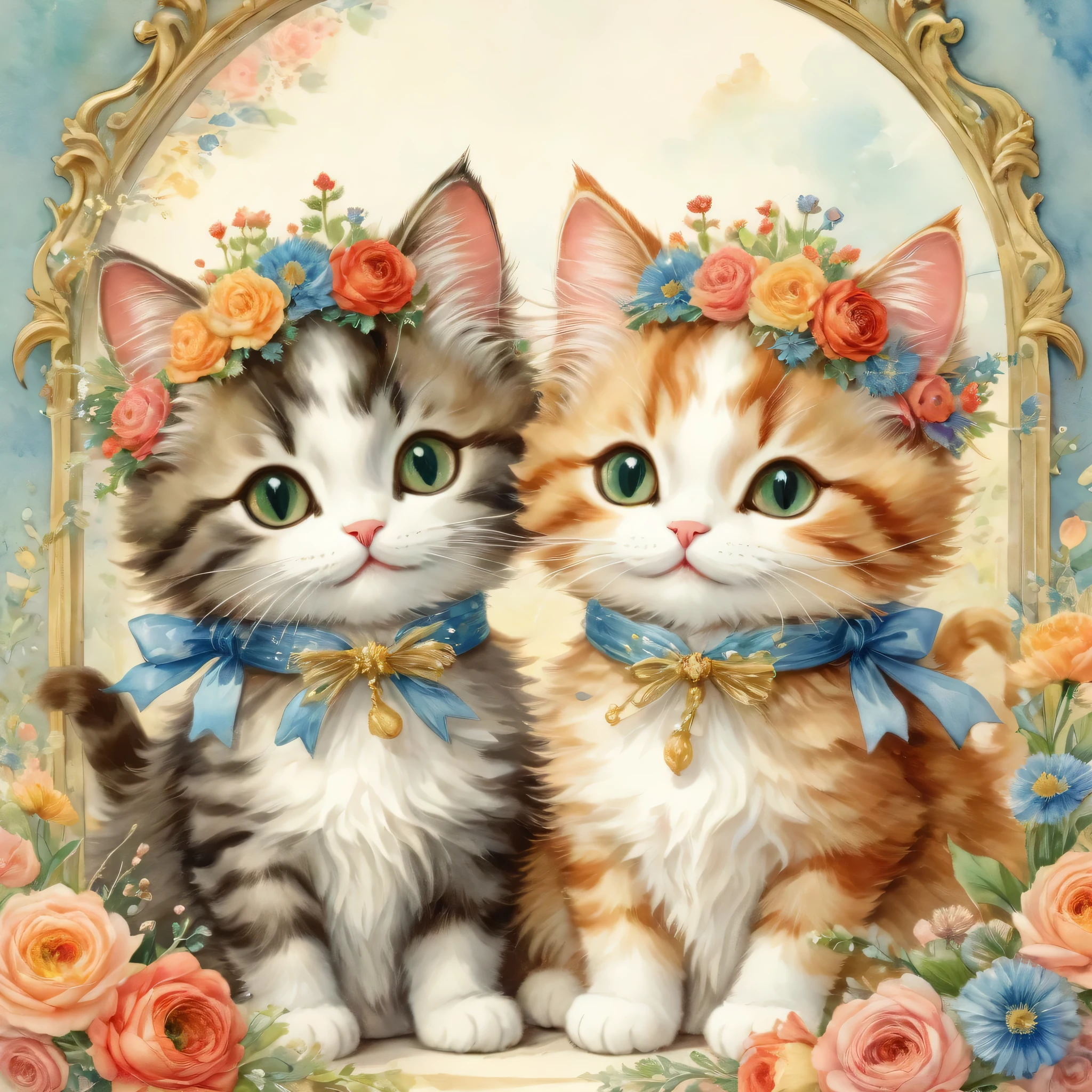 ((A couple of cats holding a bouquet)),masterpiece,highest quality,Fluffy cat,Little,cute,Adorable,fun,happiness,,Flower Hair Ornaments,Stylish scenery,Anatomically correct,all the best,,Little cat,The cutest cat,Fantasy,Randolph Caldecott Style,Awareness-raising,Watercolor,Decorative frame,Fancy,Sparkling,Wide range of colors,Gentle colors