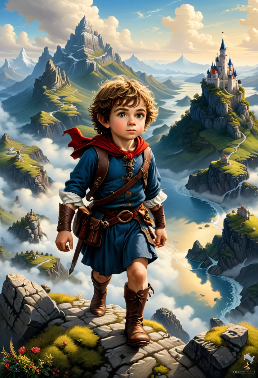 A courageous halfling adventurer, small in stature but mighty in heart, wielding a trusty sling and a boundless sense of curiosity as they journey across vast and perilous lands, (masterpiece, best quality, Professional, perfect composition, very aesthetic, absurdres, ultra-detailed, intricate details:1.3), by Rafal Olbinski