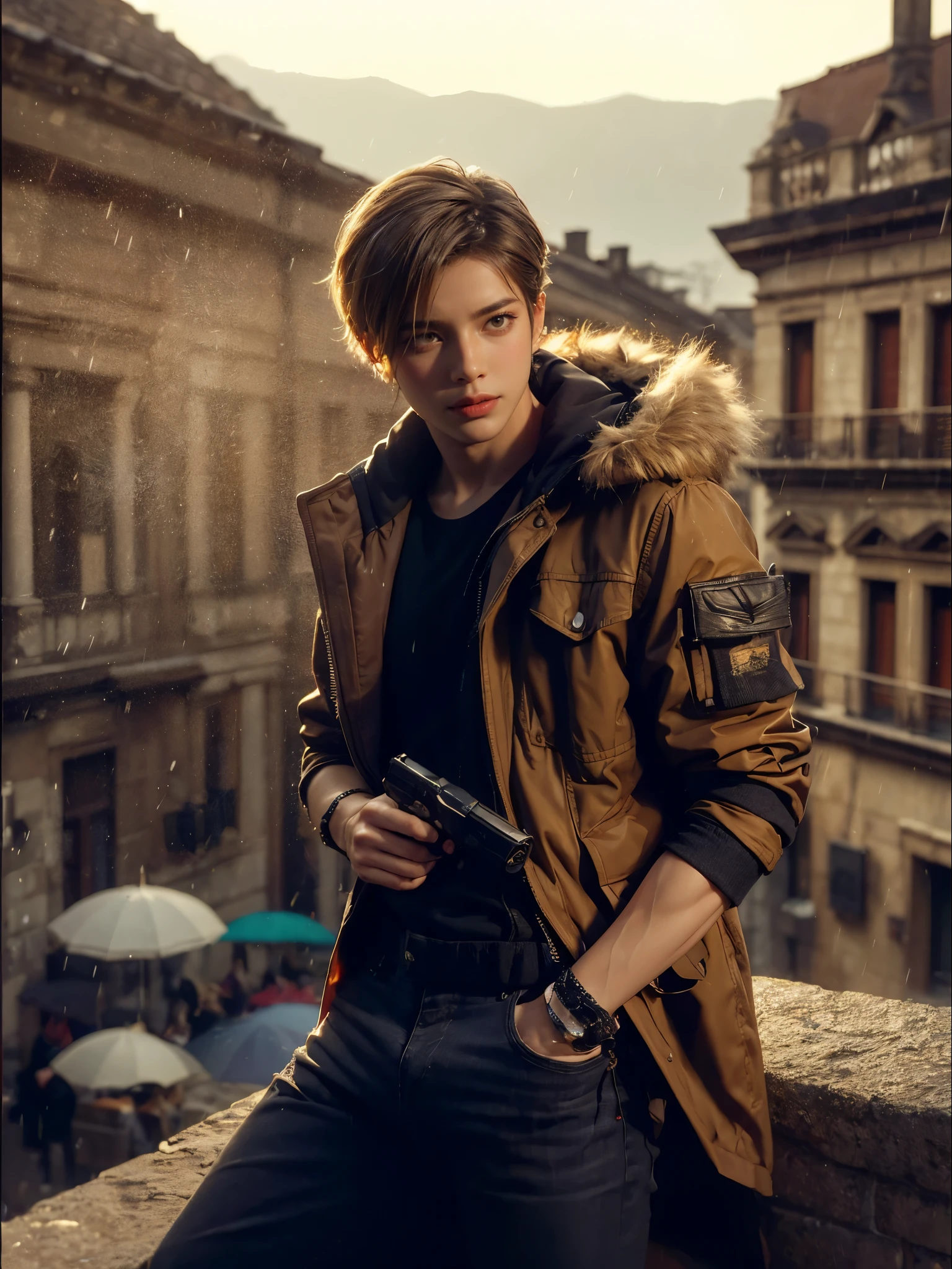Professional photography, masterpiece, full body, handsome Indonesian man, confident, charming, thin smile, trendy short blonde hair, wearing a long parka jacket cosplayer assassin, long black jeans, attractive pose, on top of an old Mexican building, dramatic lighting, lens flare, glitter effect, resembling photo Sony 7000D, ultra realistic, high definition with added elements of rain or fog and cinematic effects like lens flare or motion blur