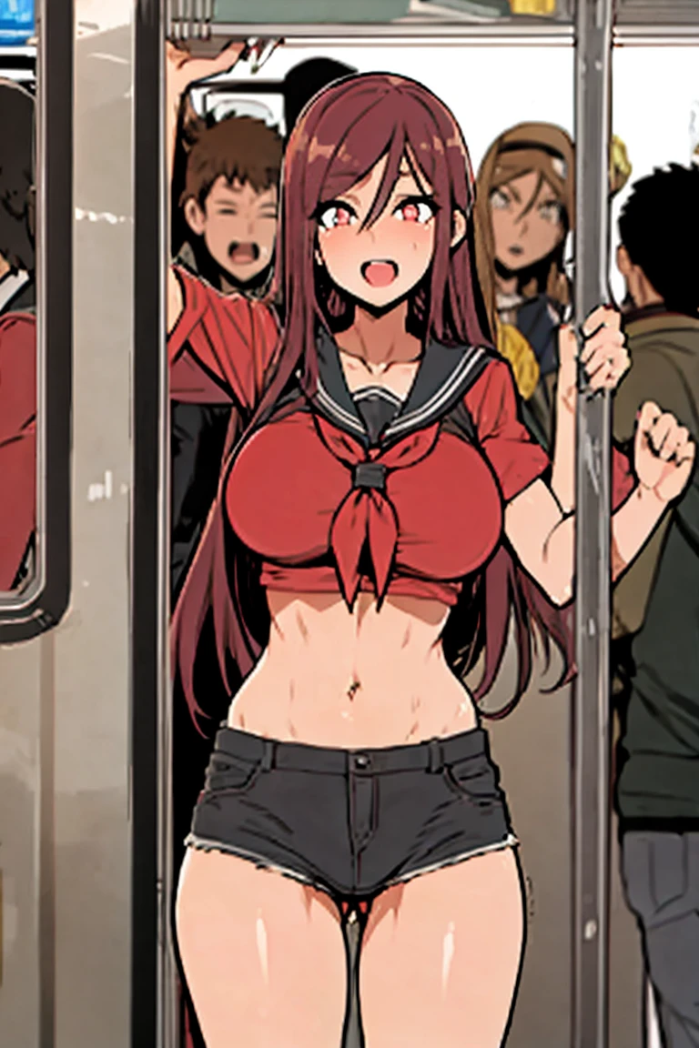 Masterpiece, best quality, small 1girl, dark red hair, wide hips, ((very huge breasts)), no pants, sailor top, backpack, (standing), from afront, bratty, ((detailed pussy)), inside train, bratty girl, o-mouth, by asanagi, underboob, pussy juice, (sloppily dressed), sweat, (pussy juice), ((crowded train)), ((multiple people)), ((multiple men)), surrounded by people, blush, detailed open mouth, (panting), gasping, exhibitionism, upskirt, by shindol,