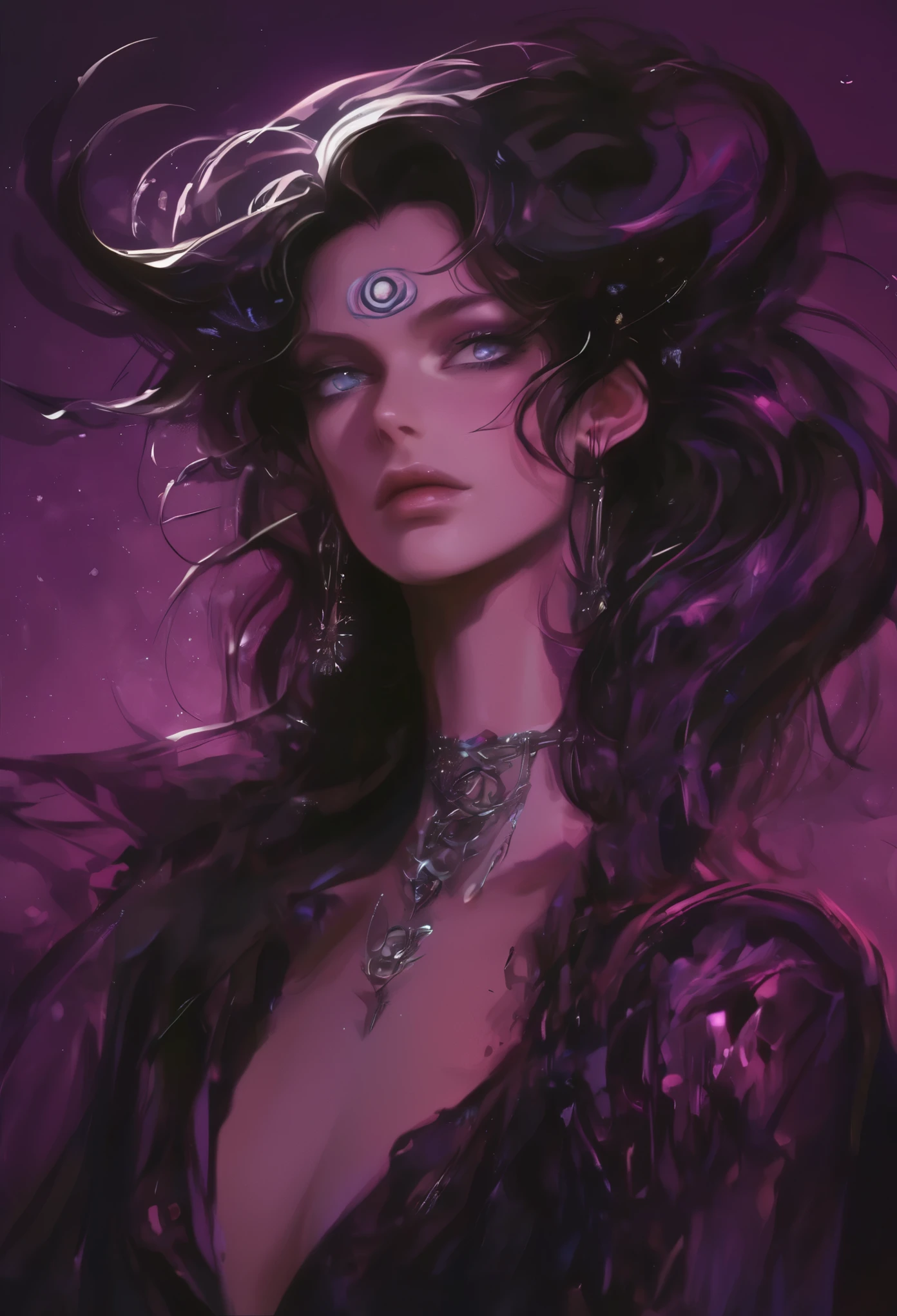 （（Dark Tones）），In this scene, a woman with an elfin chin and deep-set eyes stands amidst a chaotic fusion of purple and black hues that characterize the cosmos. Her eyes shimmer with starlight, her high cheekbones accentuated by translucent, crystal-like headdress on either side of her head, imbuing her with an air of mystery and elegance. Her skin possesses a pearly white translucence, tinged with faintly glowing violet patterns that flow in ethereal beauty. Unusually, her hair is composed of purple-black smoky tendrils, intertwining with magical particles in the air; Solidified strands within are studded with subtle rays, shimmering as they sway with her movements. The background, dominated by purple to evoke mystique and magic, and black to enhance the profundity and enigma, features swirling smoke that transcends mere backdrop, forming vortexes and streamline patterns that suggest the fluidity and warping of space. Specks of light scattered throughout mimic distant stars or floating magical dust, creating a dreamlike ambiance. Encircling the woman are undulating energy rings that fluctuate with her every gesture, illustrating her profound connection and interplay with the ambient magical energies. Every detail emanates a fantastical beauty that transcends the mundane.