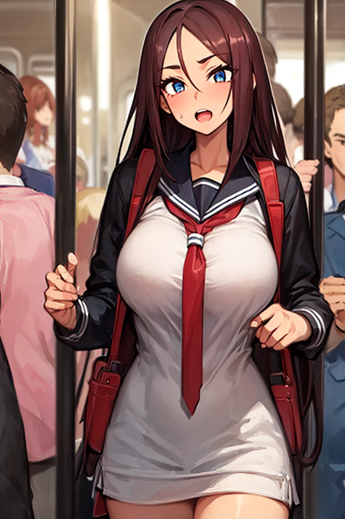 Masterpiece, best quality, small 1girl, dark red hair, wide hips, ((very huge breasts)), no pants, sailor top, backpack, (standing), from afront, bratty, ((detailed pussy)), inside train, bratty girl, o-mouth, by asanagi, underboob, pussy juice, (sloppily dressed), sweat, (pussy juice), ((crowded train)), ((multiple people)), ((multiple men)), surrounded by people, blush, detailed open mouth, (panting), gasping, exhibitionism, upskirt, by shindol,