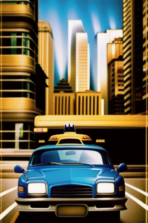 a yellow taxi flying over a city , ao ar livre, sem humanos, janela, land vehicle, building, scenario, motor vehicle, reflection, desfoque de movimento, car, estrada, focus on the vehicle