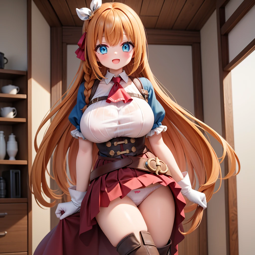 Pecorine, Pecorine, Blue eyes, Hair Ornament, Long hair, Orange hair, enormous gigantic huge breast, thin waist, middle ass, tiarra, braid, Hair braid,
Break Arm Belt, armor, ascot, Blue socks, long boots, Dress, gloves, Hair Ornament, Open your clothes, open dress, pauldrons, Pleated skirt, Puffy Short Sleeves, Puffy sleeves, Red Ascot, Red skirt, Short sleeves, Shoulder Armor, Single-pole drone, Skirt, sox, White Dress, wet panties, white footwear, White Gloves,
BREAK looking at viewer, spreading legs, skirt lift, BREAK indoor, in modern kitchen background, sitting on kitchen chair, 
BREAK (masutepiece:1.2), Best Quality, High resolution, Unity 8k Wallpaper, (Illustration:0.8), (Beautiful detailed eyes:1.6), extra detailed face, Perfect Lighting, extremely details CG, (Perfect hands, Perfect Anatomy),、(Skirt lift:1.3), (white  panties:1.3)、(Skirt that rolls up:1.3)、(Fully exposed panties:1.5)、outside of house、plein air、Smile with open mouth、cowboy  shot、