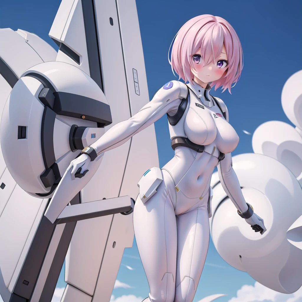 masterpiece, best quality, high resolution,
1girl, solo, white bodysuit, bodysuit, looking at viewer, pilot suit, medium breasts, floating hair, white floral background, closed mouth, cosplay, feet out of frame, 
Mash Kyrielight 
