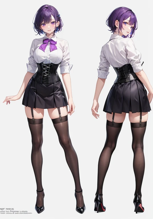 Purple hair,short cut,Adult female,Bartender,((Rolling up your sleeves shirt)),(Corset),(Tight skirt),Garter belt,High heels,((Simple background)),Smile,((Full body)),((whole body)),Character Sheet,