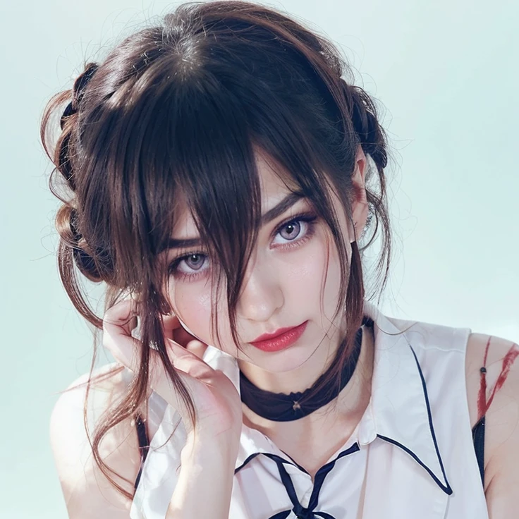 A very beautiful and gorgeous girl with white skin and Pink cheeks and very soft long hair tied up and very charming eyes and she puts a very red lipstick as blood and she wearing a formal suit