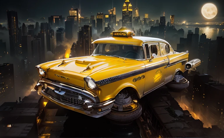 Imagine a classic chrome yellow '57 Chevy, not rolling through the streets, mas voando acima deles. Its iconic fins extend backwards, enquadrando um par de poderosas turbinas montadas na lateral que rugem em chamas, effortlessly propelling the car through the night sky. abaixo, the glittering tapestry of New York City unfolds, a million little lights flashing on the dark screen. Skyscrapers pierce the clouds, their tips disappearing in a veil of swirling mist.
From a distance, um gigante, the hazy moon hangs like a pearl in the velvety darkness, casting an ethereal glow over the scene. The city's iconic landmarks - the Empire State Building, the Chrysler Building, the Brooklyn Bridge - emerge from the fog, their silhouettes etched in neon against the star-dusted expanse.
This high-speed floating taxi, a phoenix rising from the ashes of the American classic, is a beacon of nostalgia and innovation. It's a glimpse into a future where retro charm meets futuristic technology, onde a estrada aberta voa, and the sky becomes the definitive road.