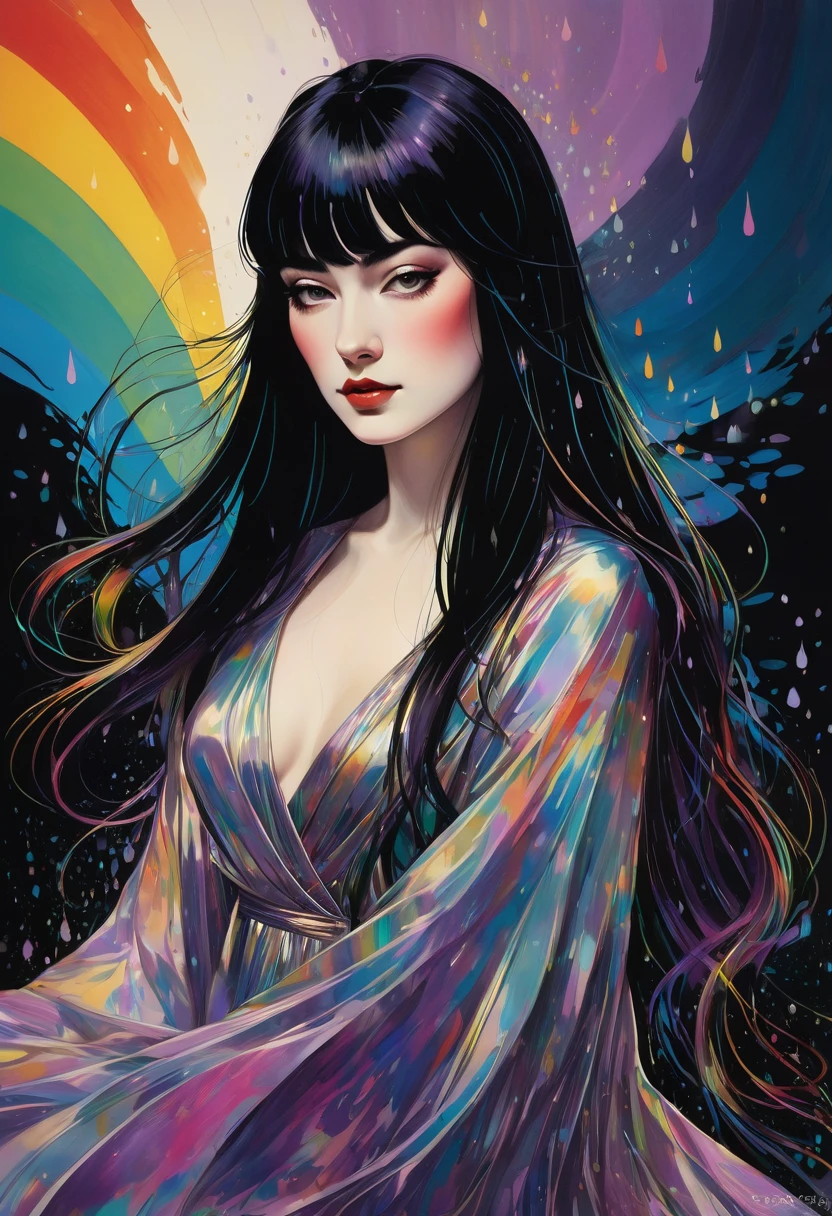 chiaroscuro technique on sensual illustration of an elegant queen (((long hair with bangs:1.4、Beautiful bangs) , vintage ,silky dress, matte painting, by John Singer Sargent, by Harumi Hironaka, abstract background, (upper body:1.5), Rainbow rain, highly detailed, digital artwork, high contrast, dramatic, refined, tonal, an intimate, seductive studio setting with a focus on sensuality and romance. Utilize soft, warm lighting that bathes the space in a gentle, inviting glow. Incorporate luxurious fabrics, plush furnishings, and a touch of decadence to evoke an opulent ambiance. The scene should exude an air of serenity and anticipation, inviting the viewer into a sensual and romantic space