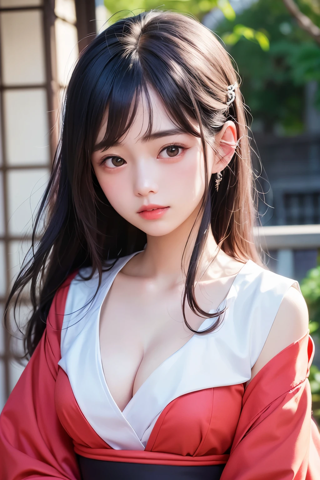 (1 nogizaka girl,raw photo,photo realistic:1.5),(best quality, high quality,HDR, highest quality,ultra high resolution,high resolution,high res,ultra high difinition,huge file size,8K,2K wallpaper,8K wallpaper,high quality texture,amazing,an extremely delicate:1.4),one girl, Japanese famous idol,beautiful face,small face,absurd,ridiculous,incredibly ridiculous,portrait,breasts close up,blurry background,(miko clothes,cleavage,no makeup:1.2),medium skin,beautiful skin,detailed skin,small head,black hair,silky hair,(Japanese eyes,round eyes:1.5),detailed eyes,black eyes,Japanese idol eyes,perfectly propotioned face,Japanese nose,5-fingers,(Light Particles, Lens Flare, Luminous Particles: 0.7),looking at viewer,bright lighting,professional lighting,girl
