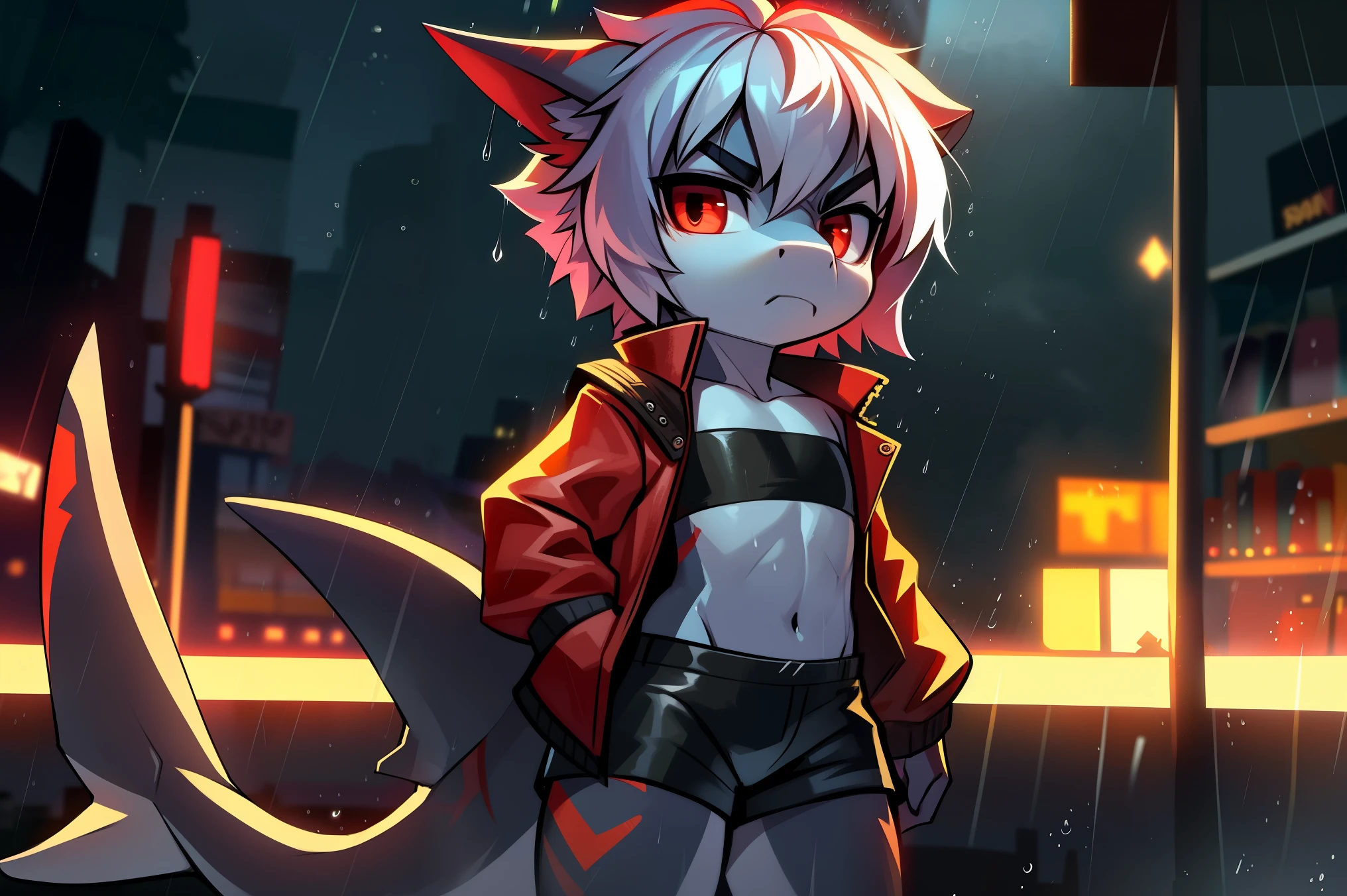 ((shark)), solo, young, ((cub)), chibi, flat chest, grey body, (short snout), red eyes, white spiky hair, fangs. shark tail, red open jacket, ((black tube top)), ((black short shorts)), serious, dynamic pose, city background. ((raining)), (((heavy rain))), up close. Very good figure, cinematic lighting, volume lighting, masterpiece, best qualit0y