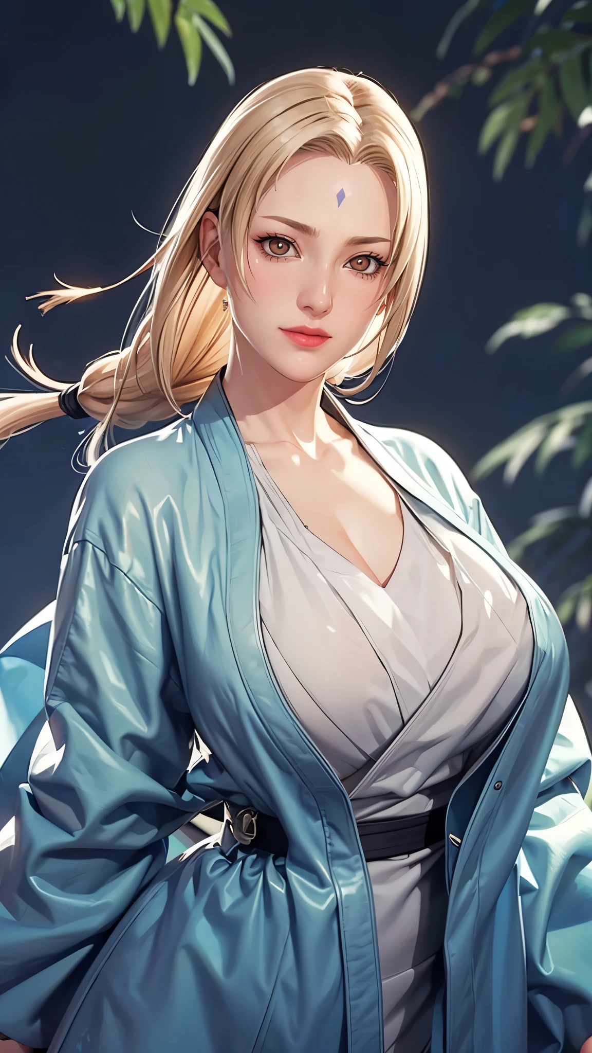 （（（完美figure，figure，solo， White and tender skin，（（（Cyberpunk，tsunade, Japanese clothes, sash, jacket，A tea green long jacket with black edges, black belt,  ））），（（（t5un4d3, Light yellow long hair, blue purple mark on forehead, light yellow thin short eyebrows, bright brown pupils, light red lips））），((masterpiece)),high resolution, ((Best quality at best))，masterpiece，quality，Best quality，（（（ Exquisite facial features，Looking at the audience,There is light in the eyes，(（（Smile，confidence)））)，））），型figure:1.7））），（（（Light and shadow，Huge breasts））），（（（Looking at the camera，black background）））