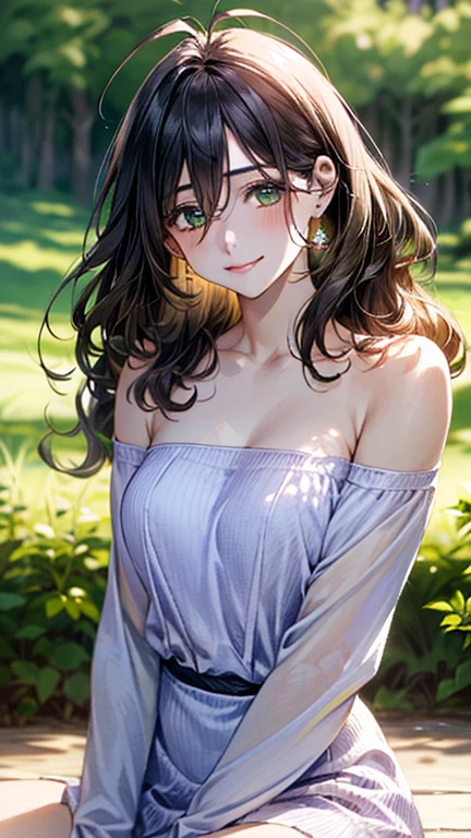 (masterpiece:1.3, top-quality, ultra high res, ultra detailed), (realistic, photorealistic:1.4), beautiful illustration, perfect lighting, natural lighting, colorful, depth of fields, ,
beautiful detailed hair, beautiful detailed face, beautiful detailed eyes, beautiful clavicle, beautiful body, beautiful chest, beautiful thigh, beautiful legs, beautiful fingers,
looking at viewer, 1 girl, japanese, high school girl, (perfect anatomy, anatomically correct), cute and symmetrical face, face, perfect face, perfect eyes, shiny skin, slender,
(long hair:1.7, wavy hair:0.8, black hair), antenna hair, hair between eyes, emerald green eyes, long eye lasher, (large breasts:0.8, seductive thighs),
((long sleeve light purple knit dress, black tube top)),
(beautiful scenery), summer, evening, (school), (lovely smile, upper eyes),