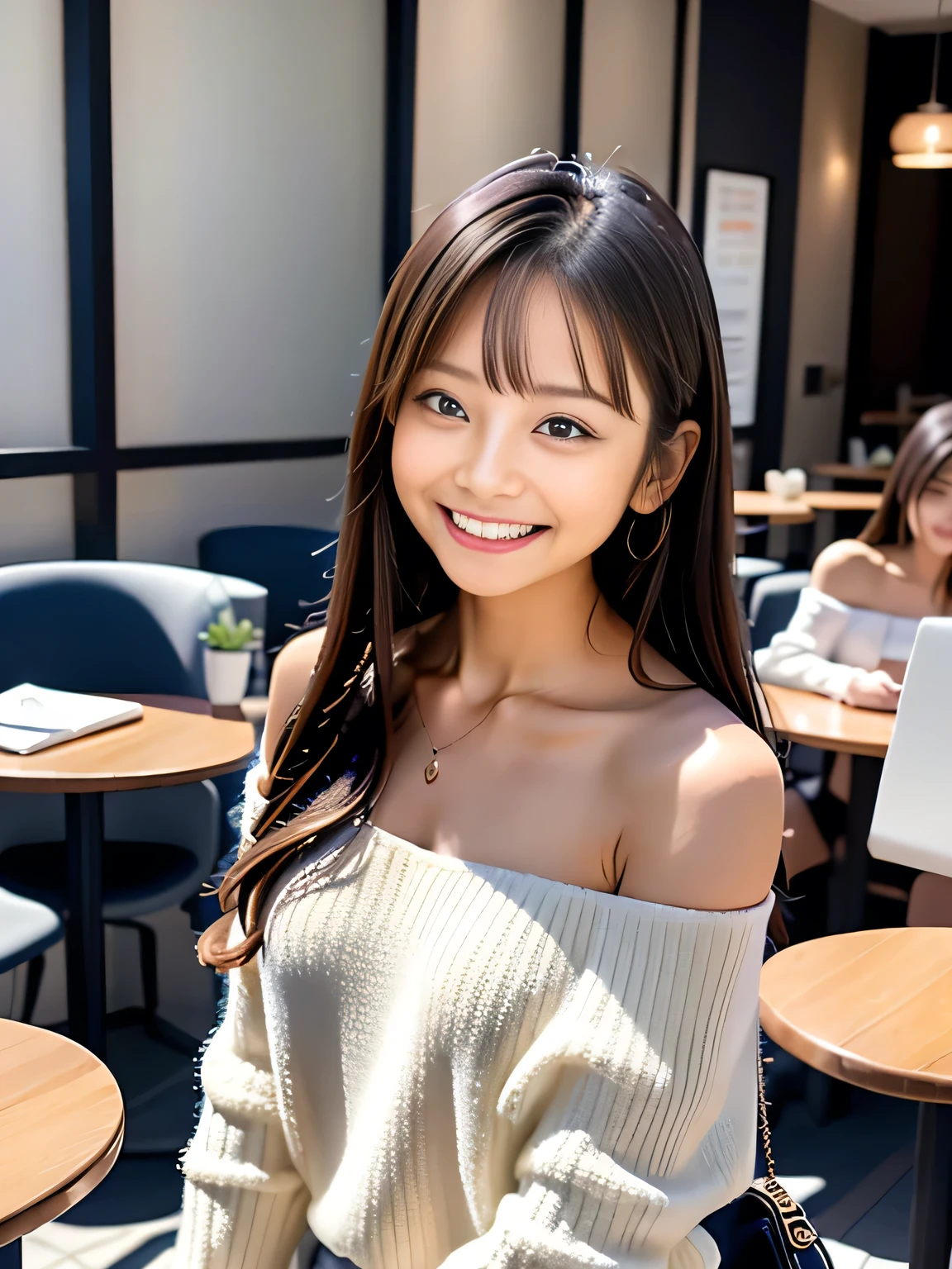 masterpiece, best quality, Highest image quality、Cute One Woman、looking at camera、big smile、upper body composition、straight hairstyle with a little longer, Beautiful office casual, Posing for the camera, forehead is hidden by bangs, wearing spring clothes, Wearing off-the-shoulder clothing, winter, A face faithful to LoRA, cafe, sunny