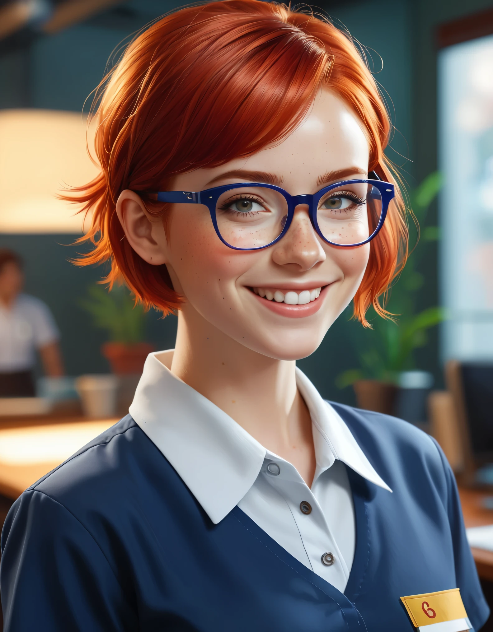 (8k,ultra-detailed,photorealistic:1.37),Millefiori glass style,1 girl,short red hair,glasses,freckles,work uniform,smiling,Lola:krekkov style LORA_10:0.7
