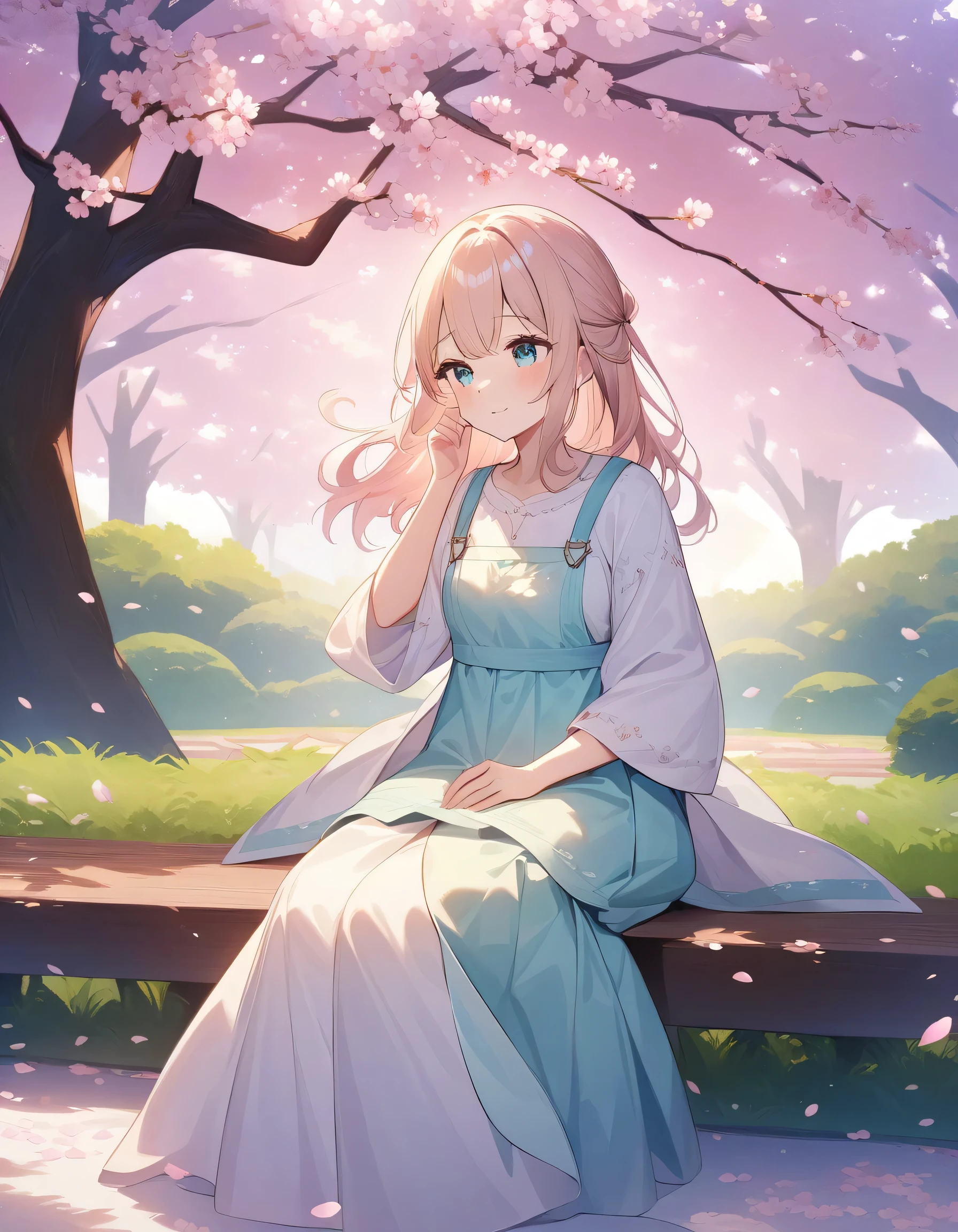Create a digital anime illustration of a girl sitting under a cherry blossom tree in a park. The scene captures a peaceful moment with soft breezes gently stirring the air, causing petals to fall delicately around her. The setting should be rendered in pastel colors, emphasizing a vibrant yet tranquil atmosphere, reflecting a joyful mood. The girl's expression and posture should convey contentment and relaxation as she enjoys the natural beauty around her. This illustration should utilize HDR to enhance the contrast and vividness of the cherry blossoms against the sky and park surroundings. Aim for a 4K resolution to capture super detailed textures—from the intricate pattern of the tree bark to the fine, translucent quality of the petals and the detailed softness of the girl’s hair and clothing. The overall artwork should be considered a masterpiece, with attention paid to every delicate detail, finely rendered to create a vivid, high-resolution image