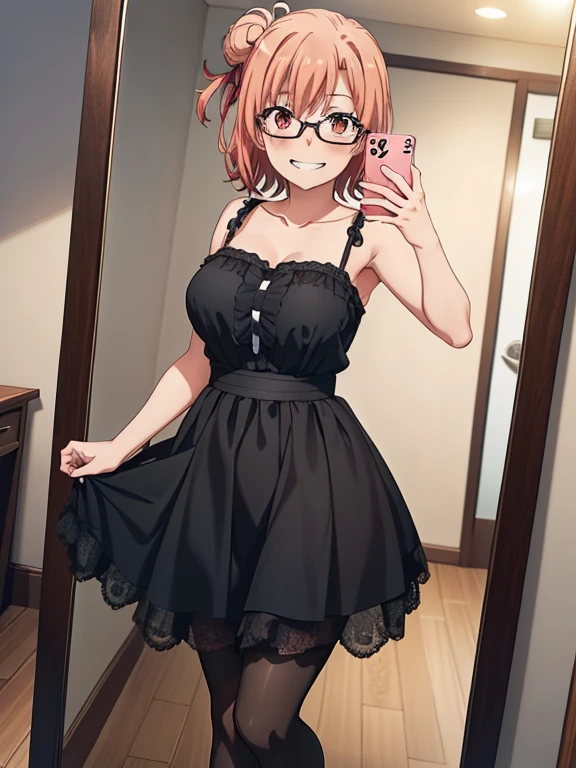 ((masutepiece, Best Quality, hight resolution, nffsw, Perfect Pixel, depth of fields, 4K, )), 1girl in, Solo, , Beautiful anime girl, Beautiful Art Style,
very low view angle:1.3, hotel room background, standing,
Perfect body, grin smile,
Yuigahama Yui, Hair bun, short hair, large breasts, geek glasses:1.3, selfie in mirror:1.5, show feet:1.5,
Full face blush, black pantyhose:1.4, black lace dress:1.2, red face,
straight-on:1.3, medium shot