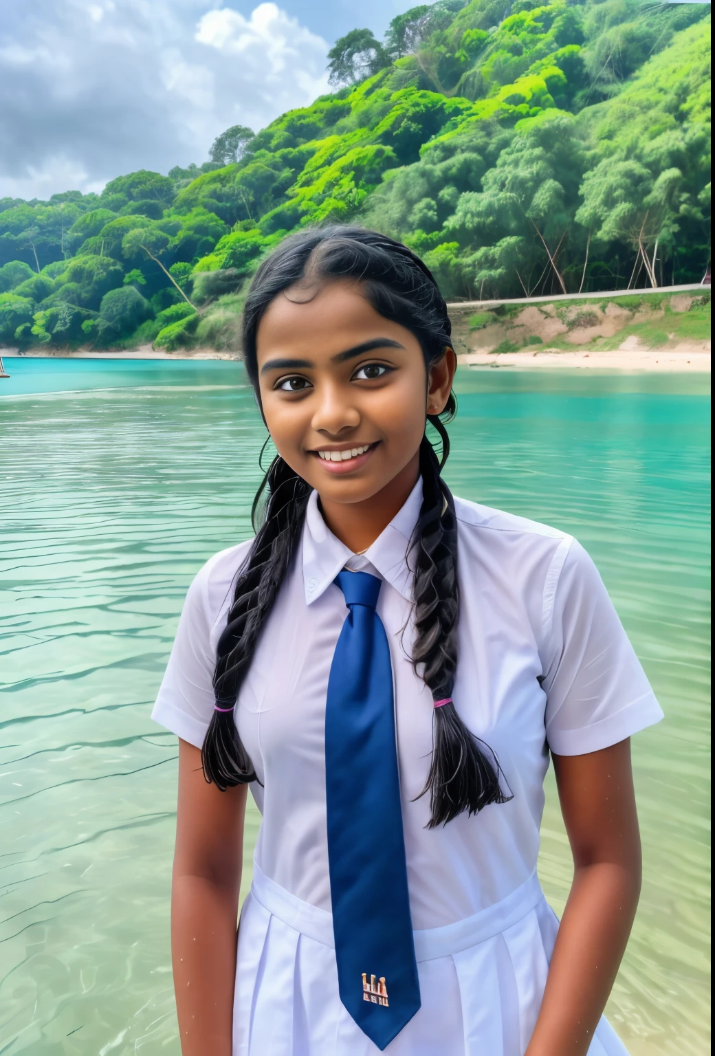 Raw photo , 1 girl , ((swimming in the sea )),Wearing white frock and color tie, white shoes ,sri lanka teen school girl, with plait , professional photographer, (hdr:1.4), masterpiece, ultra-realistic 8k, perfect artwork, intrincate details, cute face, award winning photograph, (Best quality, 8k, 32k, Masterpiece, UHD:1.3) ,