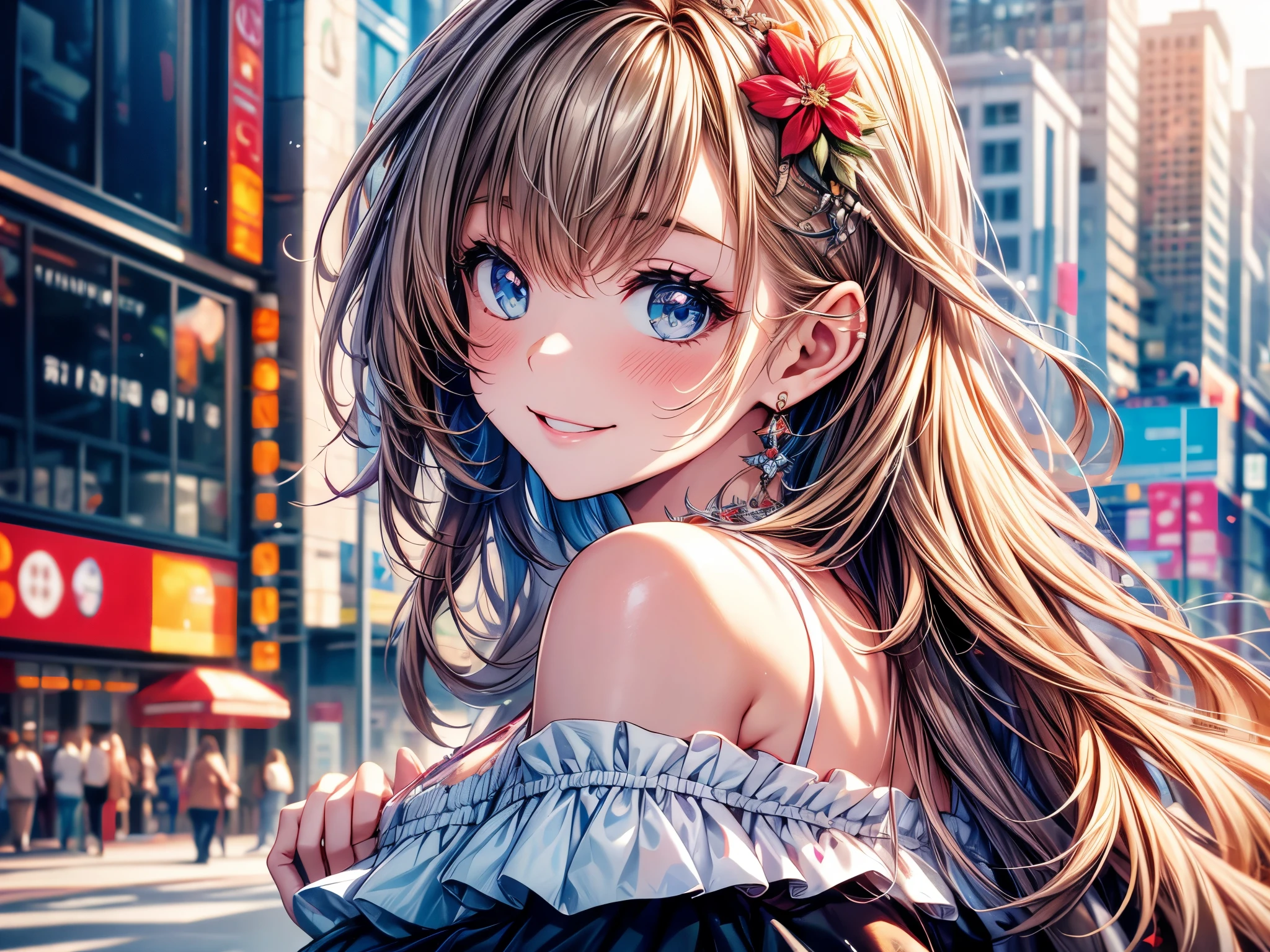 best quality, masterpiece, Ultra-high resolution, Reality, 1 Girl, Off-shoulder, Smile