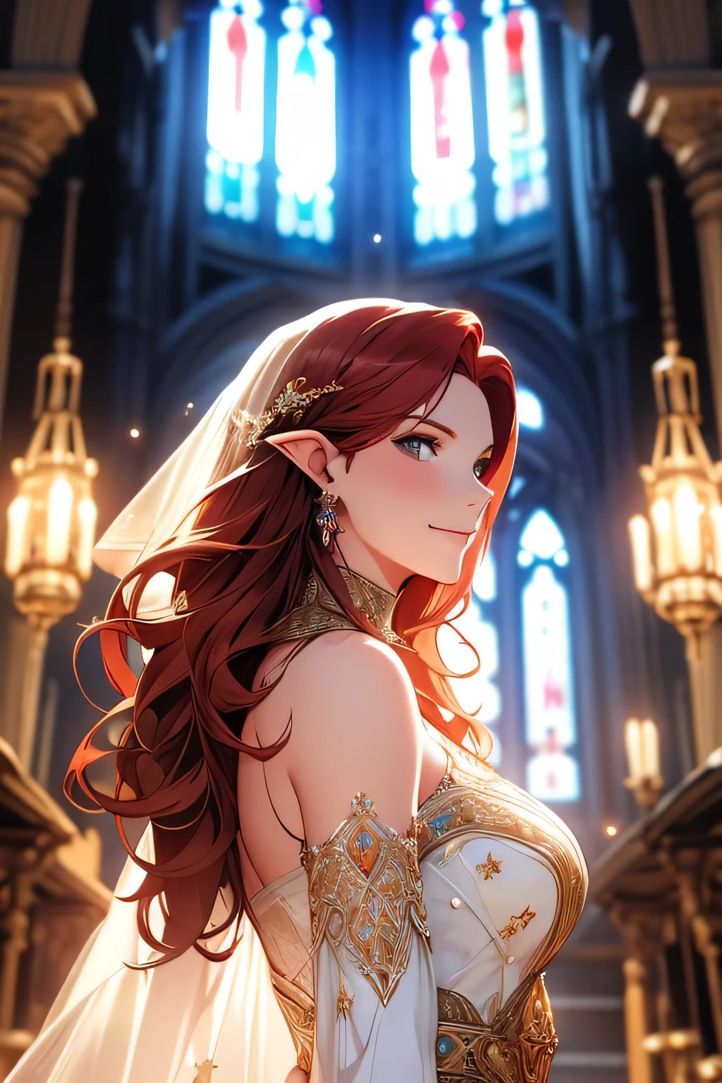 Masterpiece, digital artwork, A gorgeous redhead elf, ornate wedding dress, glass painted windows in church, stars, elegant portrait, celestial allure, captivating gaze, artistic embellishments, timeless charm, dreamlike atmosphere, natural beauty, art by Jackie Droujko, Thomas w Schaller, Sylvain Sarrailh, Ilya kuvshinov , highly detailed, intricately detailed, dynamic volumetric lighting, smirking , cleavage, navel, bouncy butts,