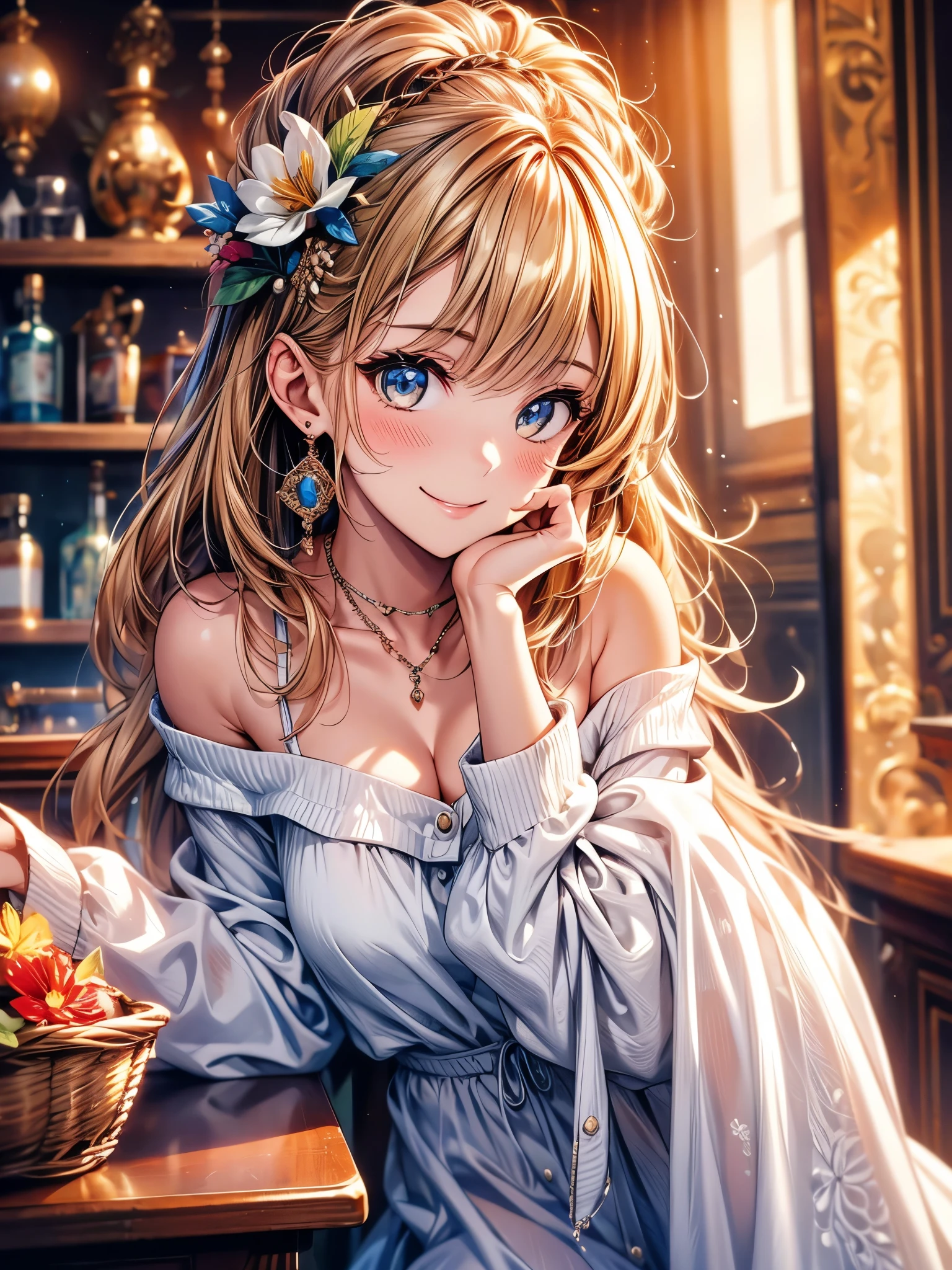 best quality, masterpiece, Ultra-high resolution, Reality, 1 Girl, Off-shoulder, Smile