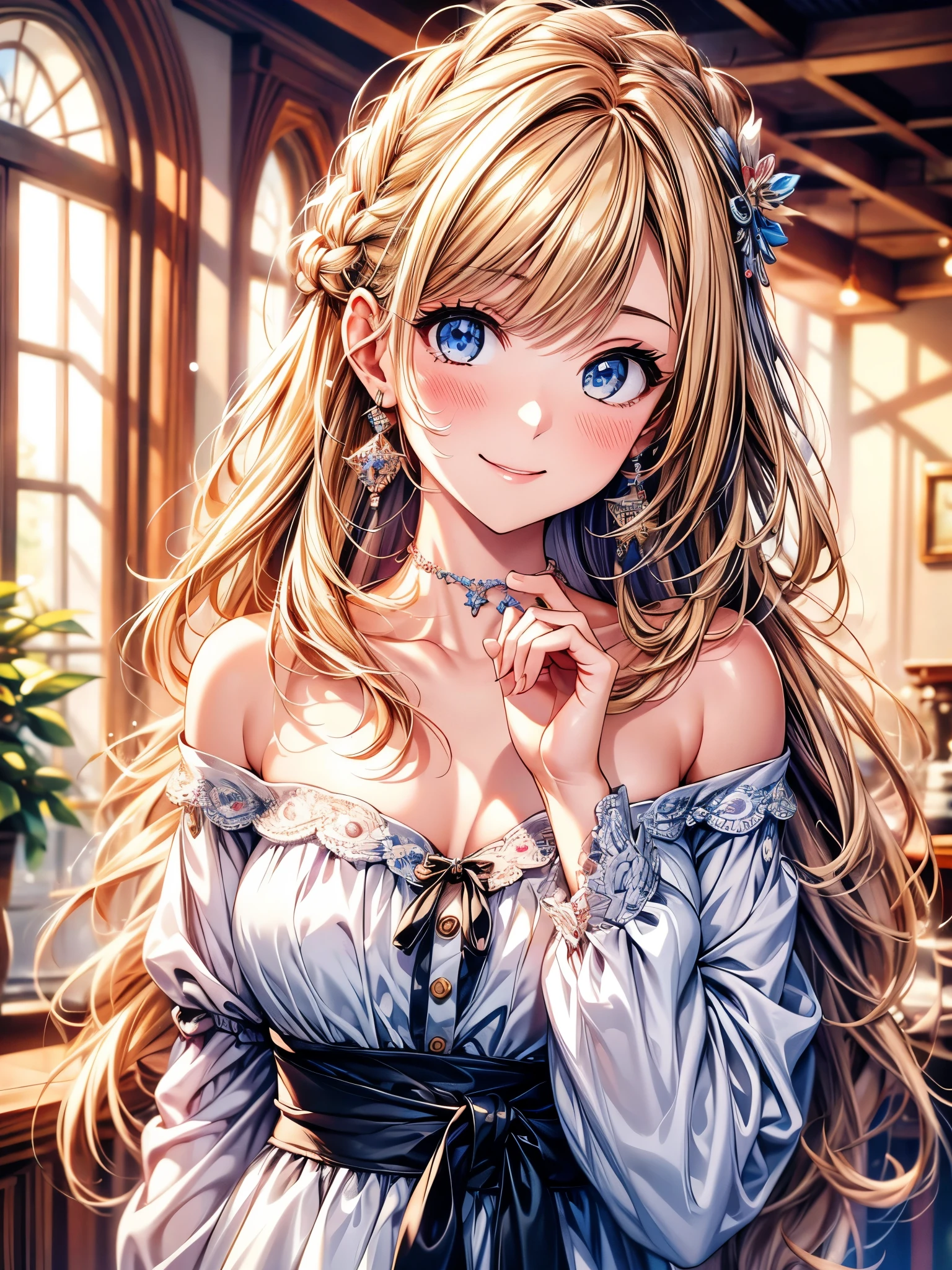 best quality, masterpiece, Ultra-high resolution, Reality, 1 Girl, Off-shoulder, Smile