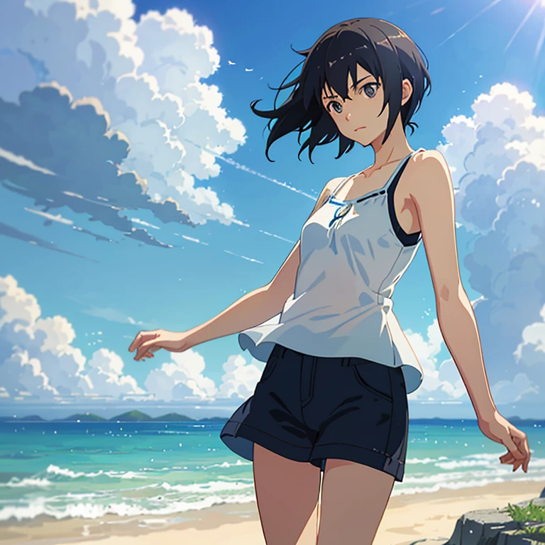 summer, makoto shinkai&#39;Concept Art, tumbler, Magic realism, Beautiful anime scene, Beautiful sky. by makoto shinkai, ( ( makoto shinkai ) ), Anime Background Art, Anime Background, makoto shinkai&#39;style, Anime movie background, Galaxy Express, No humans. --v6,1boy,