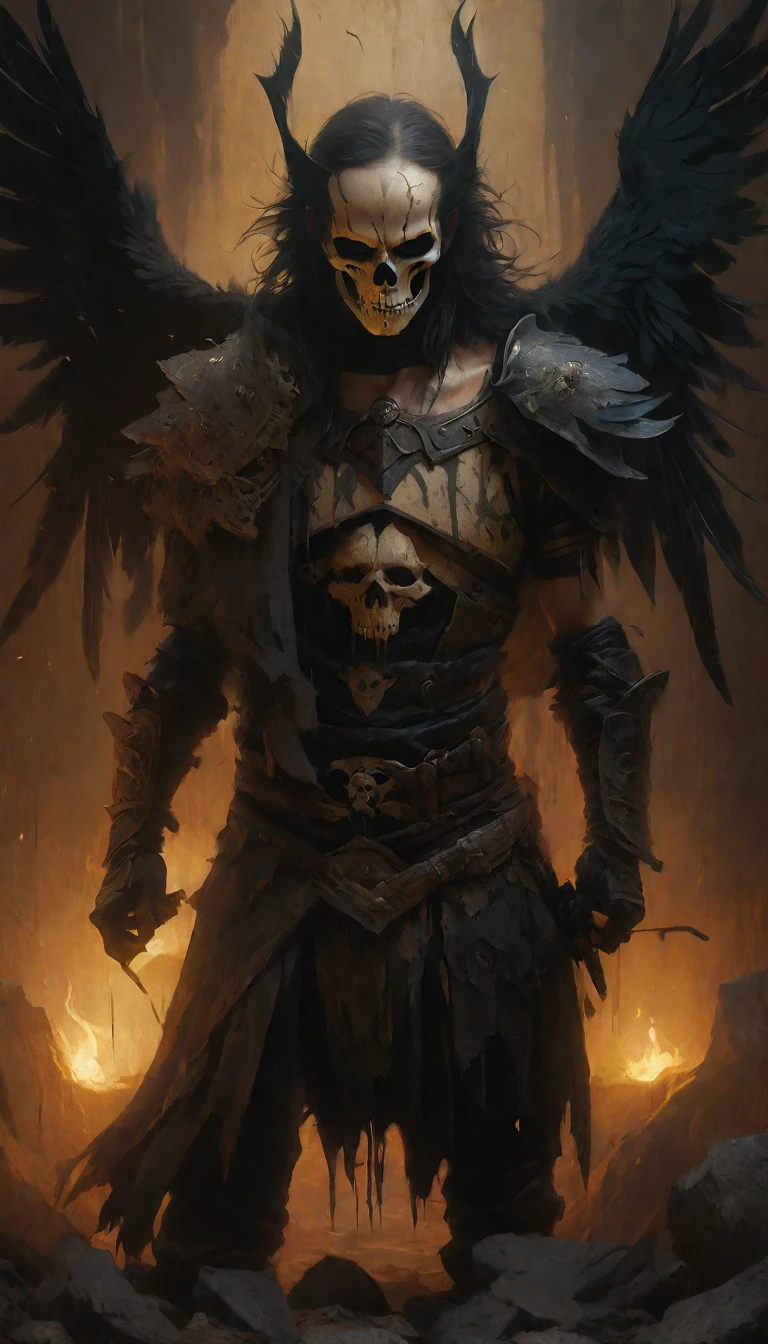 (best quality,4k,8k,highres,masterpiece:1.2),ultra-detailed,(realistic,photorealistic,photo-realistic:1.37),oil painting,colorful,brush strokes,dramatic lighting,horror,skull man warrior,aged paper,aesthetic,dripping ink,gritty texture,dark and moody atmosphere,detailed facial features,expressionless face,intense gaze,weathered armor,worn out sword,ancient runes,crow feathers,ominous background,grim reaper vibes,haunting,creepy,macabre,vintage style,monochrome with sepia tones,contrast,depth,texture,old world charm,subtle decay,aged elegance,cracked paint,weathered detailspeated paint,cracked stone texture,long shadows,dusty appearance,creased edges,sculptural quality
