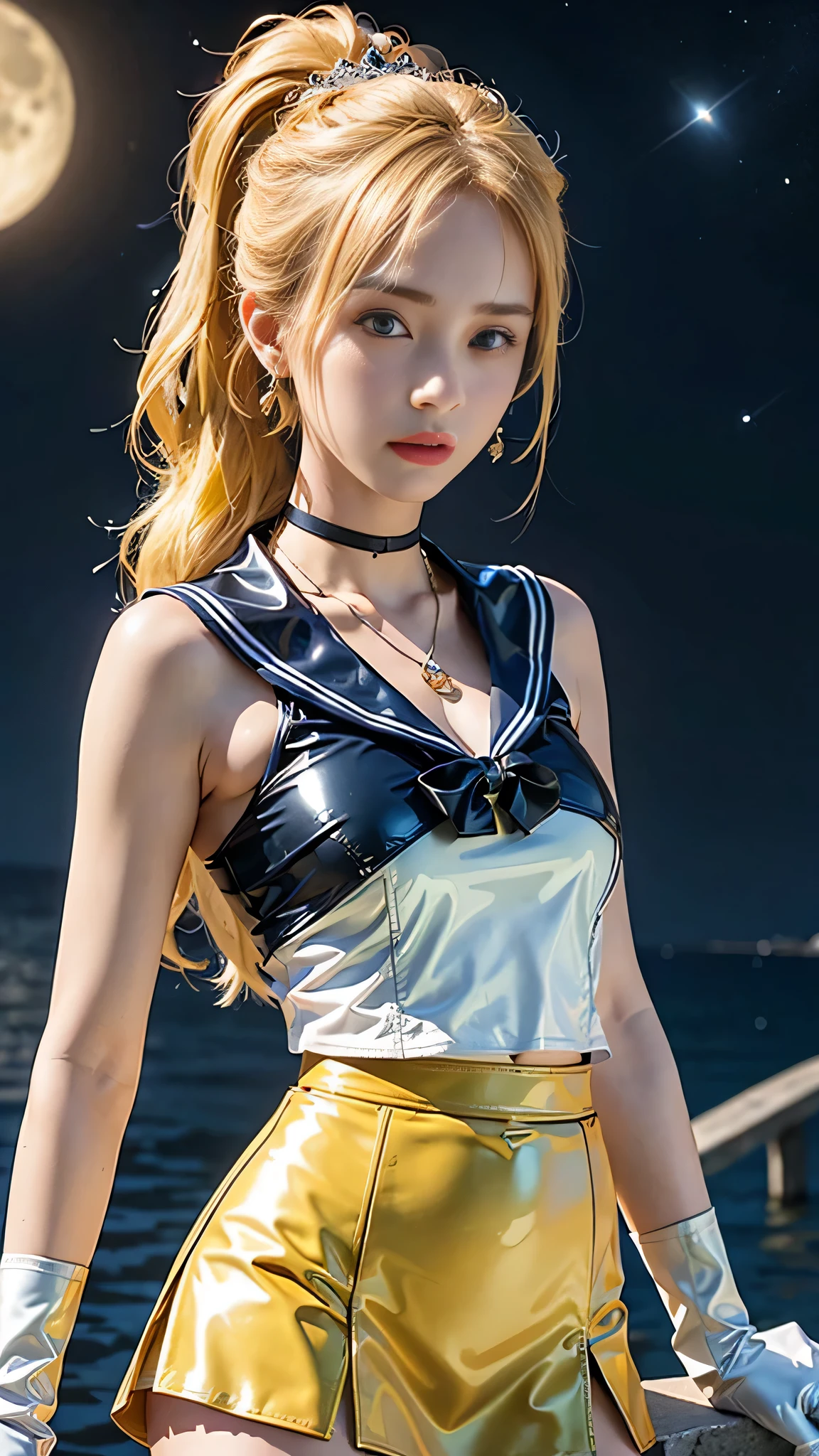 ((masterpiece:1.4)、(highest quality:1.4)、(realistic:1.7))、masterpiece:1.4、beautiful girl、(beautiful girl戦士セーラームーン:1.4)、moon野うさぎ、body fit sexy sailor senshi uniform、(shiny latex)、(The jacket is a white sleeveless sailor uniform.....)、(Skirt Blue Sexy Ultra Ultra Pleated Mini Skirt)、There are two thin blue lines on the collar of the sailor uniform.................、high leg swimsuit、red cloth decoration on the chest、(wearing white gloves)、pretty girl、super beautiful、sharp focus、portrait photography、(perfect female body:1.4)、perfect proportions、(Upper body shot:1.4)、beautiful face、beautiful eyes、tight waist、beautiful feet、(yellow hair:1.4)、(long hair:1.2)、beautiful breasts、big breasts:1.2、sexy ass、RAW photo、red lips、red high heels:1.4、choker:1.4、necklace:1.4、earrings:1.4、luxurious golden tiara:1.4、1 screen display、moon、universe、universe船、universeステーション、city of the future