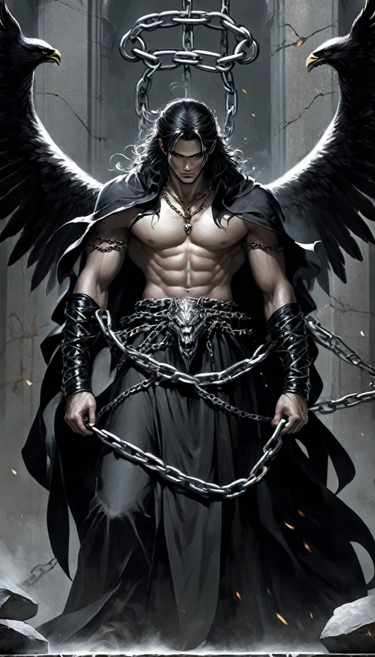 Imprisoned Lucifer Fallen Angel,A powerful fallen angel,A prisoner in chains,A magnificent figure in darkness and chains。His face is handsome and indifferent,There is an unruly wildness and unyielding pride between his eyebrows。He was dressed in a gorgeous black robe and chains.,Every texture shines with an alluring glow。However,These fine clothes cannot hide the chains on his body.,They wrapped tightly around his limbs and body.,Restrained his actions。The imprisoned Lucifer stands on a huge stone platform,The surroundings are filled with a dark and depressing atmosphere。There was a fire of anger in his eyes,As if cursing those who were his。However,No matter how he struggles,The chains are unbreakable,Let him not escape。Despite being imprisoned,Lucifer's power has not completely disappeared。He could still feel the dark power surging in his body.,This power made him feel both painful and excited。He longs to release this power.,Throwing the world into chaos,His story is full of drama.,One can't help but feel deep sympathy and concern for him。Concept Art, High Detail, Art Deco, Ultra HD, Anatomically correct, masterpiece, textured skin, high quality, best quality