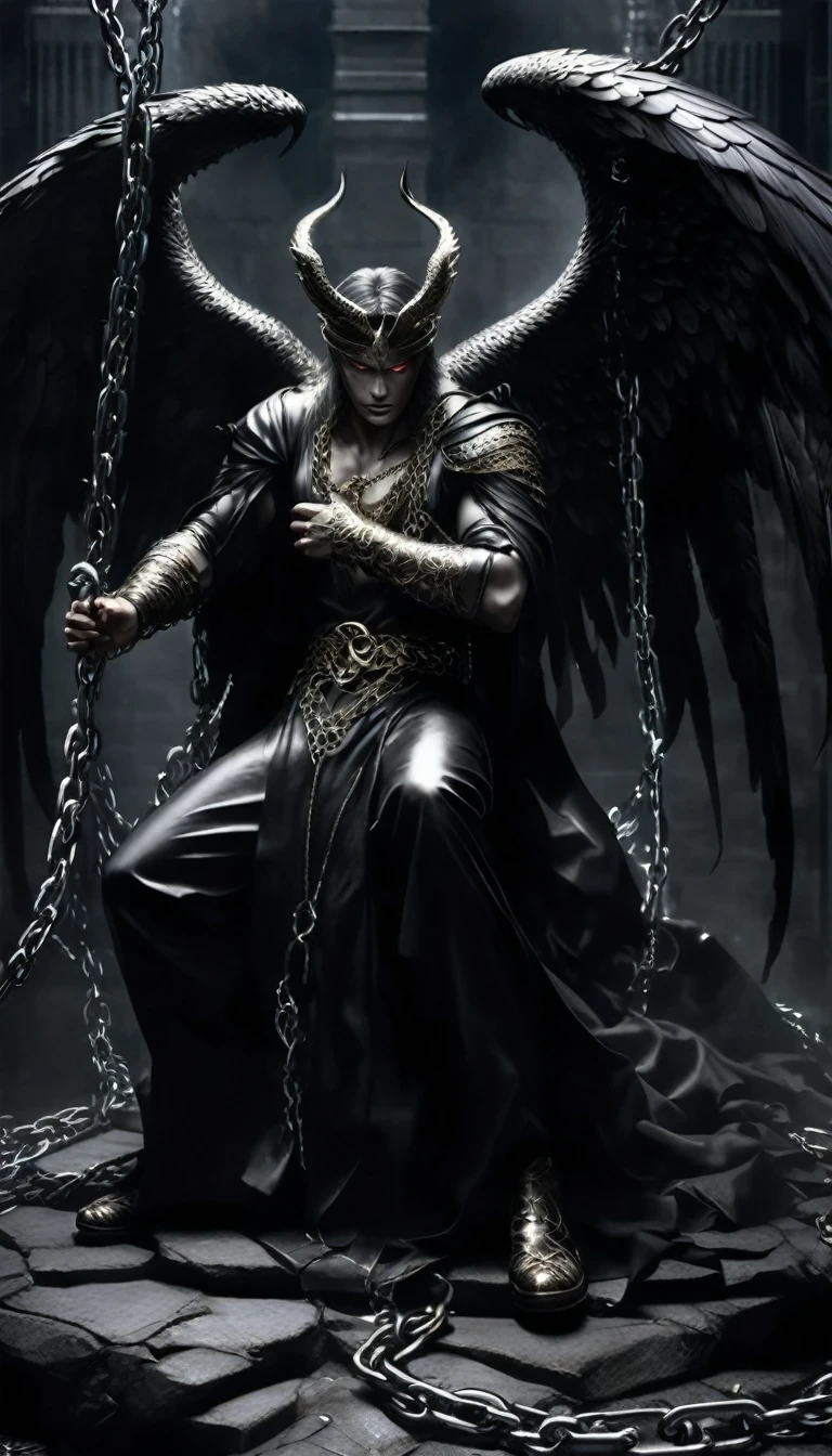 Imprisoned Lucifer Fallen Angel,A powerful fallen angel,A prisoner in chains,A magnificent figure in darkness and chains。His face is handsome and indifferent,There is an unruly wildness and unyielding pride between his eyebrows。He was dressed in a gorgeous black robe and chains.,Every texture shines with an alluring glow。However,These fine clothes cannot hide the chains on his body.,They wrapped tightly around his limbs and body.,Restrained his actions。The imprisoned Lucifer stands on a huge stone platform,The surroundings are filled with a dark and depressing atmosphere。There was a fire of anger in his eyes,As if cursing those who were his。However,No matter how he struggles,The chains are unbreakable,Let him not escape。Despite being imprisoned,Lucifer's power has not completely disappeared。He could still feel the dark power surging in his body.,This power made him feel both painful and excited。He longs to release this power.,Throwing the world into chaos,His story is full of drama.,One can't help but feel deep sympathy and concern for him。Concept Art, High Detail, Art Deco, Ultra HD, Anatomically correct, masterpiece, textured skin, high quality, best quality