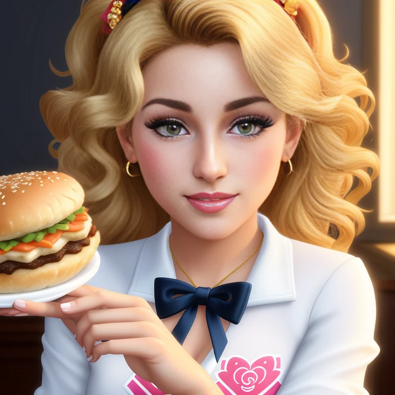 (best quality,4k,8k,high res,masterpiece:1.2),ultra-detailed, photorealistic, full body shot,golden bronde curly hair,Mature and beautiful, realistic portrayal:1.2 Sailor Moon (in the style of the Sims 4), posing as if she’s in a professional photoshoot, tanned, smiling while eating Pork Buns & Sushi Beautifully photographed, extreme close-up, dramatic angle, hi-key lighting,