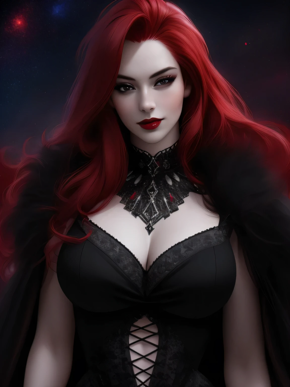 (Masterpiece - Ultra-Detailed, High Resolution) ((vivid red hair)), mature woman, 30 years old, diamond face, red starry sky background, depth of field, magic, big red lips, ((dark and black eyes)) black and red long and full dress, covered chest, mystical atmosphere, ominous shadows, Intense blue aura, Intense red aura (best quality:1.2), absurdres, intricate details, (highly detailed skin:1.2), smile expression, posing, taut and well defined body, attractive. Highly realistic, pale skin, beautiful, hyperrealism, skin very elaborated, direct gaze
