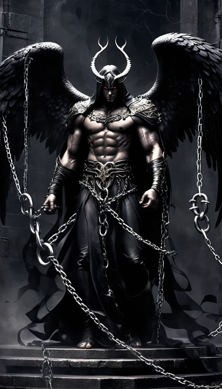 Imprisoned Lucifer Fallen Angel,A powerful fallen angel,A prisoner in chains,A magnificent figure in darkness and chains。His face is handsome and indifferent,There is an unruly wildness and unyielding pride between his eyebrows。He was dressed in a gorgeous black robe and chains.,Every texture shines with an alluring glow。However,These fine clothes cannot hide the chains on his body.,They wrapped tightly around his limbs and body.,Restrained his actions。The imprisoned Lucifer stands on a huge stone platform,The surroundings are filled with a dark and depressing atmosphere。There was a fire of anger in his eyes,As if cursing those who were his。However,No matter how he struggles,The chains are unbreakable,Let him not escape。Despite being imprisoned,Lucifer's power has not completely disappeared。He could still feel the dark power surging in his body.,This power made him feel both painful and excited。He longs to release this power.,Throwing the world into chaos,His story is full of drama.,One can't help but feel deep sympathy and concern for him。
