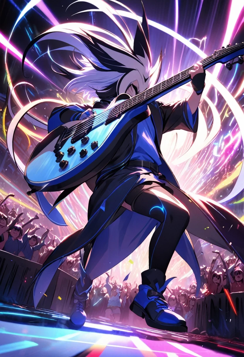(shylily/(Twich/):1.5),(masterpiece:1.2),(best quality:1.2),A vibrant stage,Energetic guitarist,electric guitar,rock music,megaphone,A frenetic performance,Enthusiastic audience,Dynamic Lighting,Dazzling atmosphere,Colorful visual effects,Laser Show,Exciting atmosphere,Enthusiastic audience,Amplify the sound,Electricity,Impressive guitar solo,fast paced rhythm,Rockstar attitude,Head banging,Musician's passion,Festival Focus,Stage performance,rock,Exciting performance,The thrill of a live concert,Rock Anthem,High intensity music,Warm applause,Bright colors,Scattered Lighting,Vibrant movement,Extra fine guitar strings,Electrical atmosphere,Express emotions,melody,Amazing guitar skills,Incredible stage setting,Lively performance,Extraordinary talent,Rock star glamour,Vibrant atmosphere,Immersive experience,Stage smoke,Uplifting music,Cheers,Unforgettable performance,Electricity in the air.