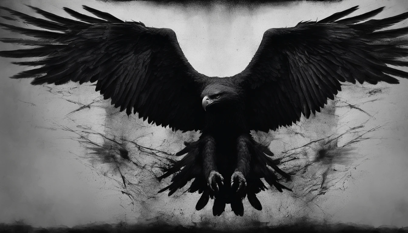 A black eagle facing forward with a wispy, fluid body, sin rostro definido, centrado en el marco, Fondo negro