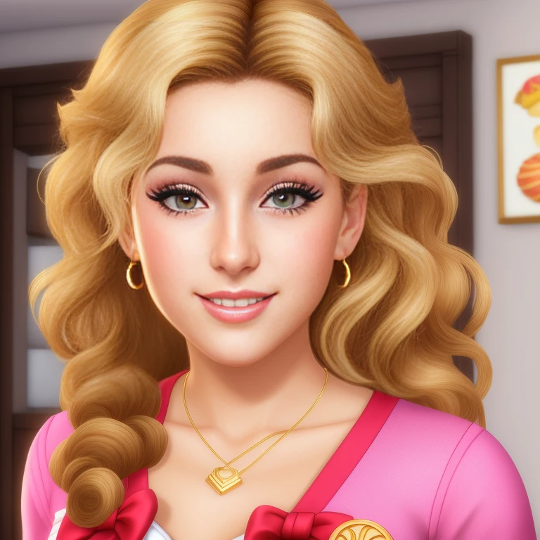 (best quality,4k,8k,high res,masterpiece:1.2),ultra-detailed, photorealistic, full body shot,golden bronde curly hair,Mature and beautiful, realistic portrayal:1.2 Sailor Moon (in the style of the Sims 4), posing as if she’s in a professional photoshoot, tanned, smiling while eating Pork Buns & Sushi Beautifully photographed, extreme close-up, dramatic angle, hi-key lighting,