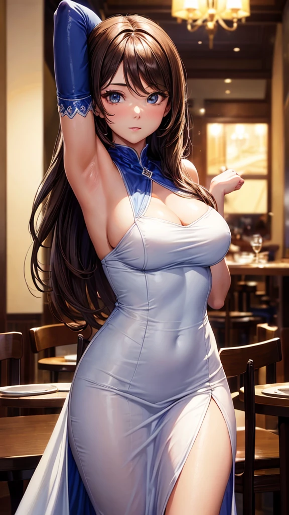 sksbrooke person, sksbrooke, (masterpiece:1.2), (best quality:1.2), perfect eyes, perfect face, 1girl, solo, brown eyes, (medium breasts), perky breasts, sparkling blue dinner dress, restaurant background, low lighting, arms behind head
