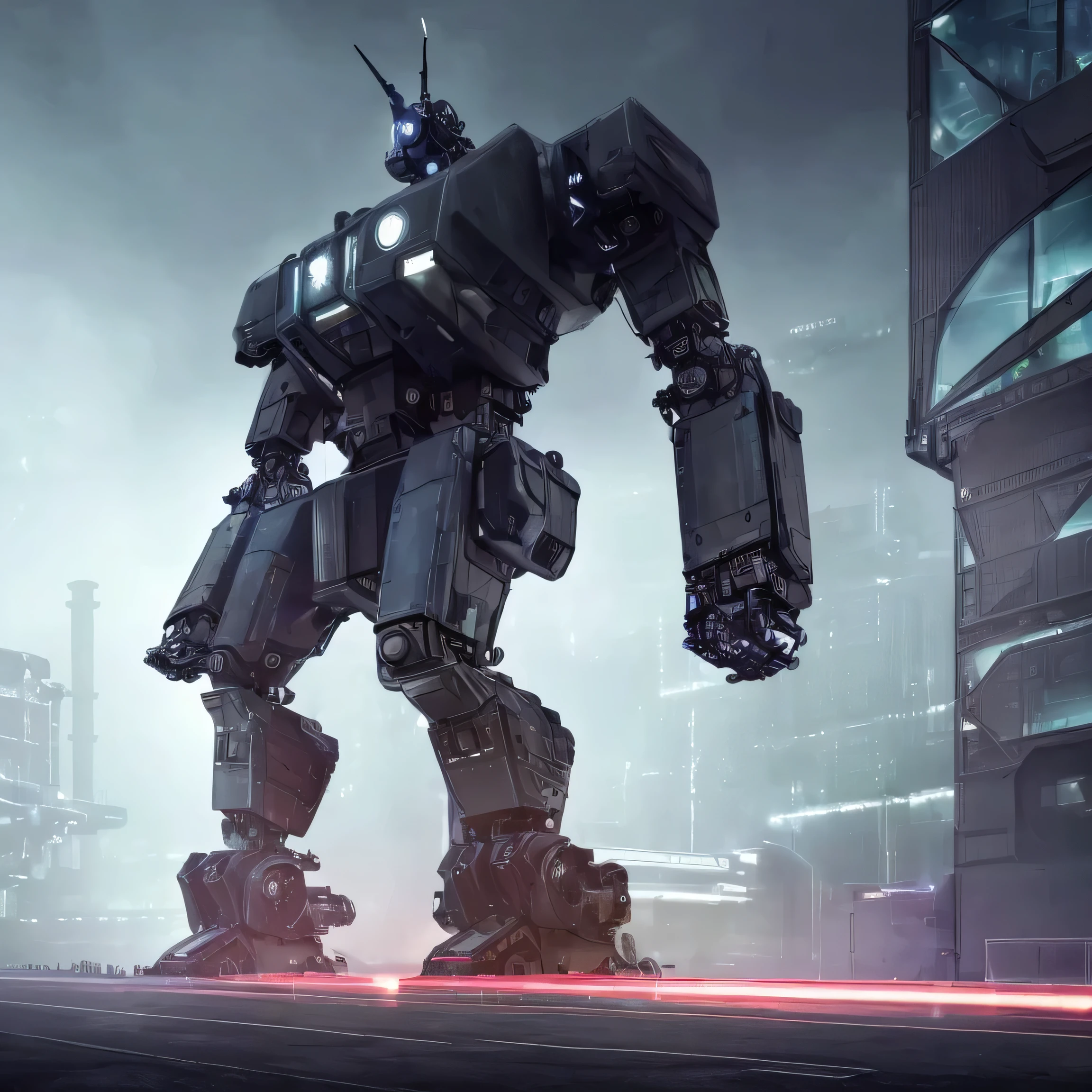 ((Science Fiction Factory)), High quality, Futuristic, Industrial, ()modern industrial)), Huge building with atmosphere fog surrounding it, foreboding,(( front facing)), ((strange lights)), (Robot factory)), (((giant robot))), mech