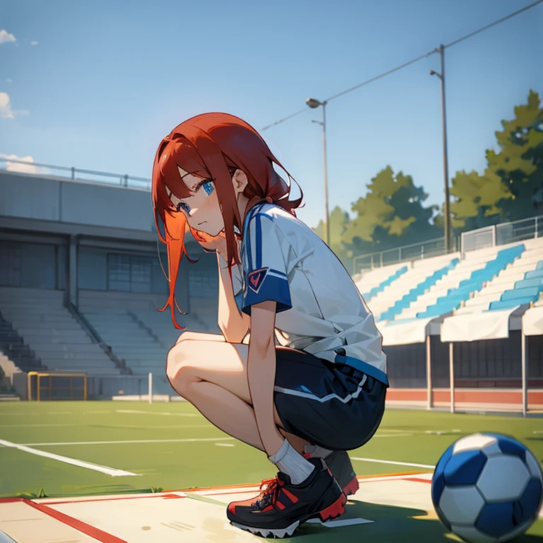 2d, anime, shy, red hair, blue eyes, soccer court, teenager, , girl
