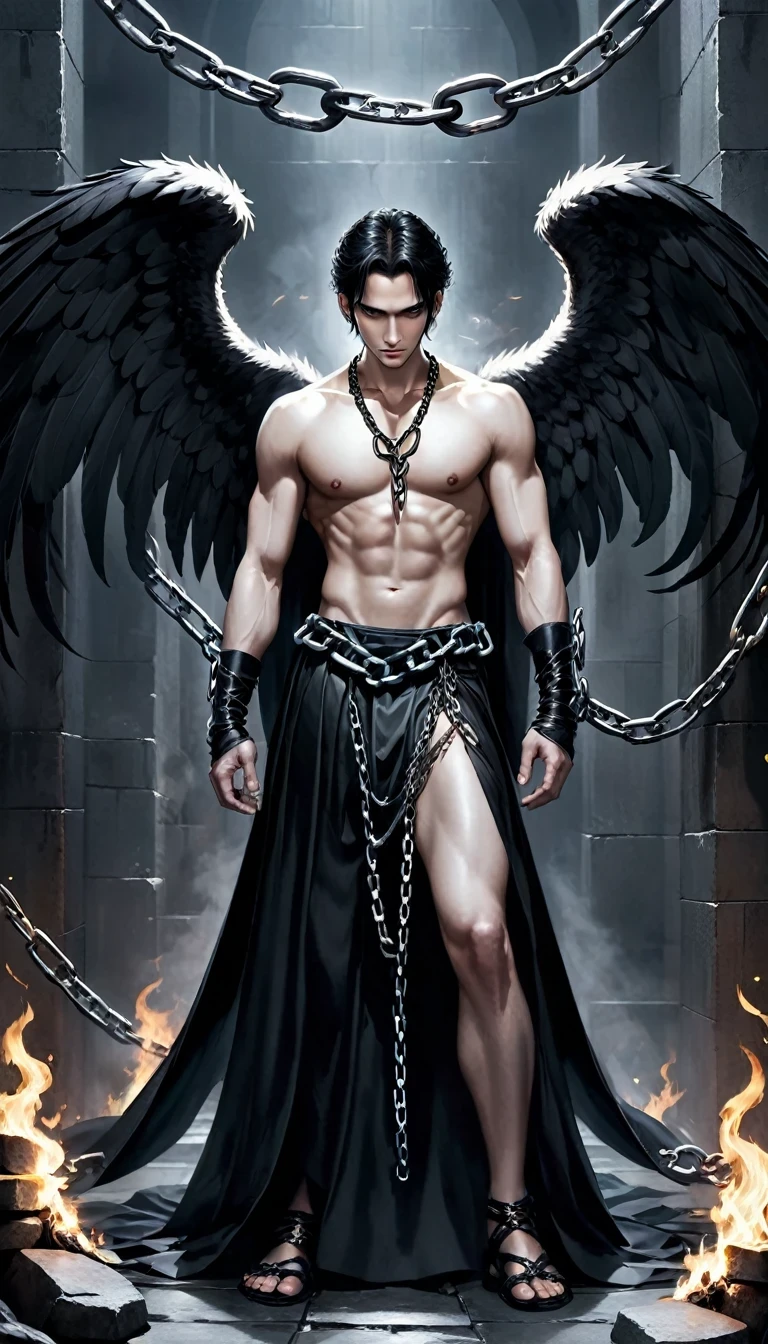 Imprisoned Lucifer Fallen Angel,A powerful fallen angel,A prisoner in chains,A magnificent figure in darkness and chains。His face is handsome and indifferent,There is an unruly wildness and unyielding pride between his eyebrows。He was dressed in a gorgeous black robe and chains.,Every texture shines with an alluring glow。However,These fine clothes cannot hide the chains on his body.,They wrapped tightly around his limbs and body.,Restrained his actions。The imprisoned Lucifer stands on a huge stone platform,The surroundings are filled with a dark and depressing atmosphere。There was a fire of anger in his eyes,As if cursing those who were his。However,No matter how he struggles,The chains are unbreakable,Let him not escape。Despite being imprisoned,Lucifer's power has not completely disappeared。He could still feel the dark power surging in his body.,This power made him feel both painful and excited。He longs to release this power.,Throwing the world into chaos,His story is full of drama.,One can't help but feel deep sympathy and concern for him。