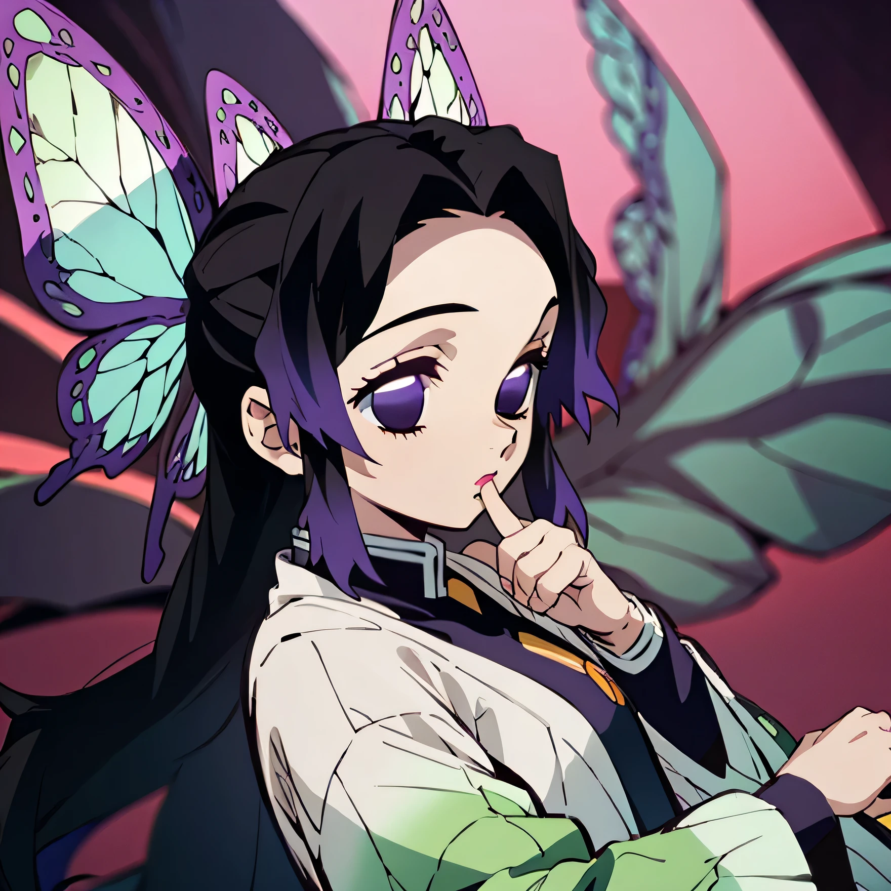 a girp with long hair and two butterflys on the sides of her hair