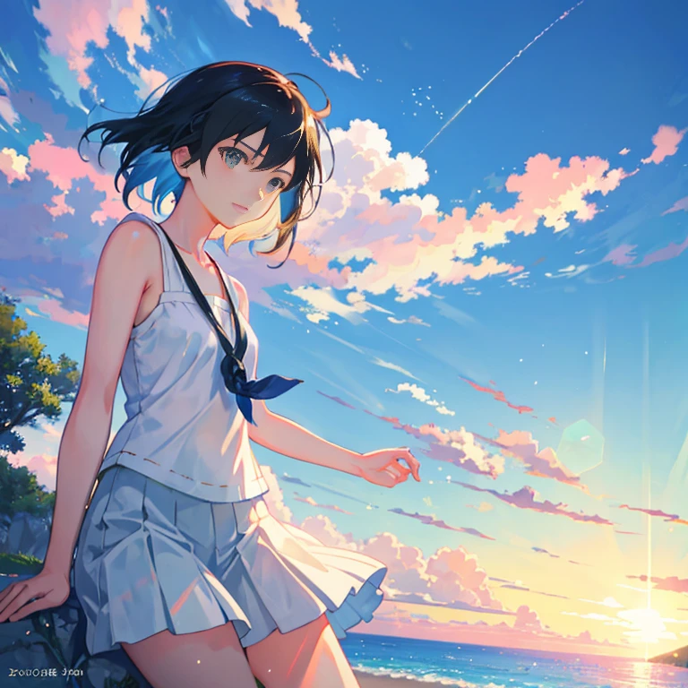 summer, makoto shinkai&#39;Concept Art, tumbler, Magic realism, Beautiful anime scene, Beautiful sky. by makoto shinkai, ( ( makoto shinkai ) ), Anime Background Art, Anime Background, makoto shinkai&#39;style, Anime movie background, Galaxy Express, No humans. --v6,1boy,