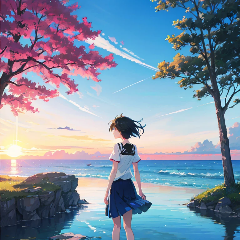 summer, makoto shinkai&#39;Concept Art, tumbler, Magic realism, Beautiful anime scene, Beautiful sky. by makoto shinkai, ( ( makoto shinkai ) ), Anime Background Art, Anime Background, makoto shinkai&#39;style, Anime movie background, Galaxy Express, No humans. --v6,1boy,