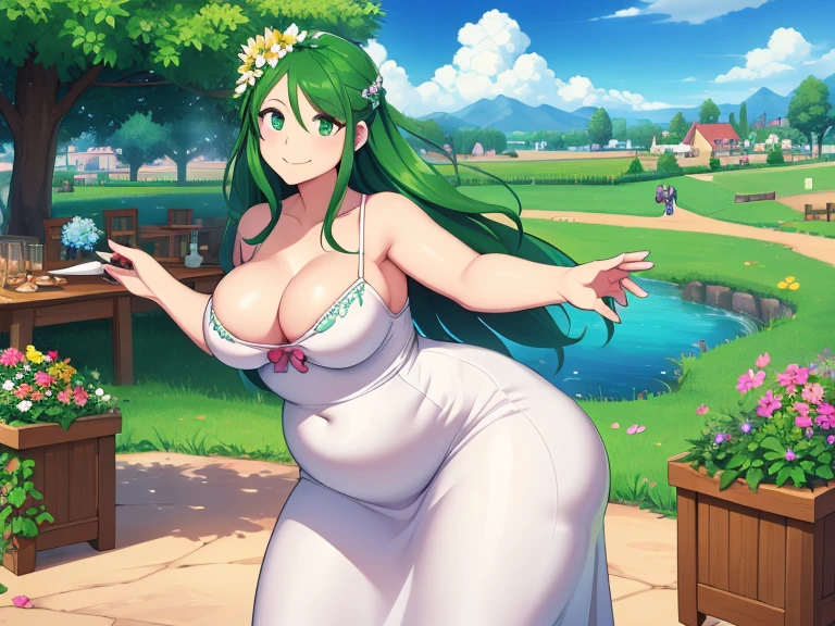 ((masterpiece,best quality)), caroline\(stardew valley\), long hair, Green hair, green eyes, @_@, medium breasts, tight White dress, flower ornament on hair, flower festival, outdoors, dancing, fat, mom body, wide thighs, stardew valley, smile, happy face