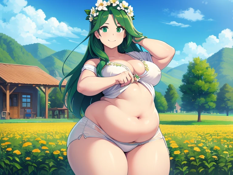 ((masterpiece,best quality)), caroline\(stardew valley\), long hair, Green hair, green eyes, @_@, medium breasts, tight White dress, flower ornament on hair, flower festival, outdoors, dancing, fat, mom body, wide thighs, stardew valley, smile, happy face