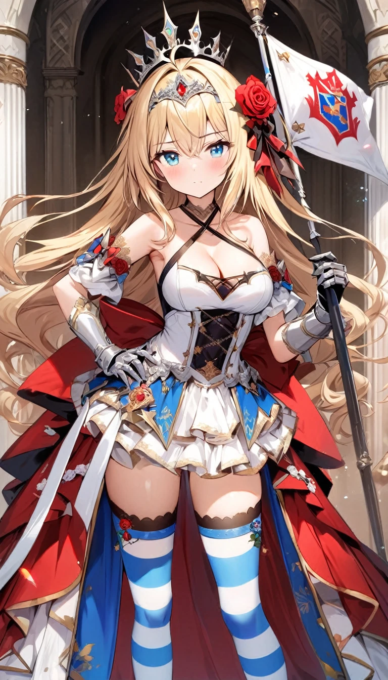 Masterpiece, Best quality, 1girl, solo, long-hair, thighhighs, breasts, striped, blonde-hair, flower, blue-eyes, rose, striped-thighhighs, full-body, dress, looking-at-viewer, blush, tiara, detached-sleeves, cleavage, medium-breasts, holding, bare-shoulders, closed-mouth, black-footwear, white-dress, standing, red-rose, hand-on-hip, bow, bangs, very-long-hair, ahoge, red-flower, hair-between-eyes, gauntlets, halterneck, red-bow, frills, shoes, skirt, footwear-bow, armpits, flag, antenna-hair, criss-cross-halter, weapon, collarbone, clothing-cutout, crown, floral-print, headpiece
