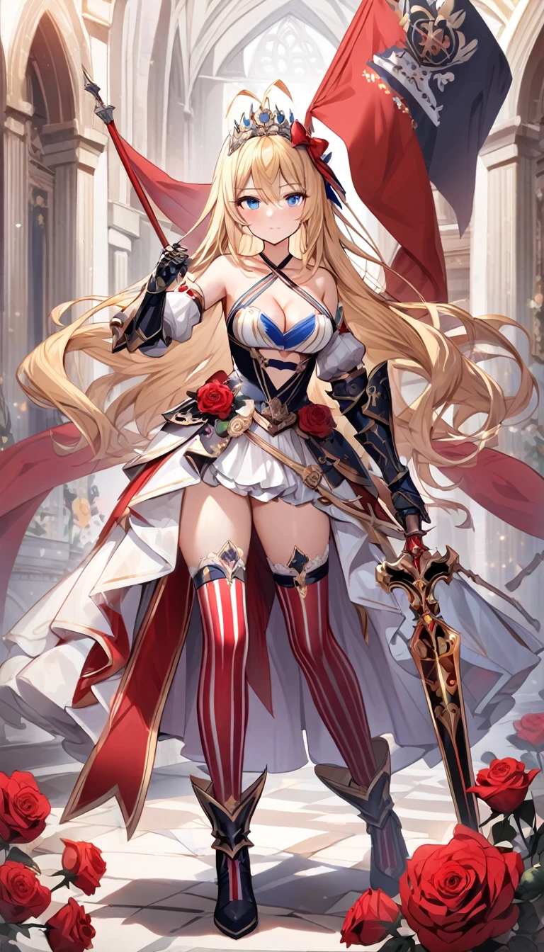 Masterpiece, Best quality, 1girl, solo, long-hair, thighhighs, breasts, striped, blonde-hair, flower, blue-eyes, rose, striped-thighhighs, full-body, dress, looking-at-viewer, blush, tiara, detached-sleeves, cleavage, medium-breasts, holding, bare-shoulders, closed-mouth, black-footwear, white-dress, standing, red-rose, hand-on-hip, bow, bangs, very-long-hair, ahoge, red-flower, hair-between-eyes, gauntlets, halterneck, red-bow, frills, shoes, skirt, footwear-bow, armpits, flag, antenna-hair, criss-cross-halter, weapon, collarbone, clothing-cutout, crown, floral-print, headpiece